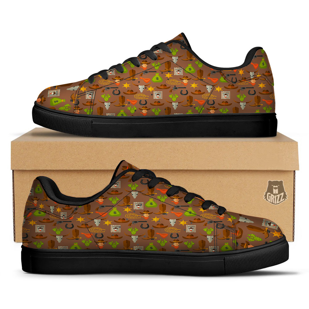 Wild West And Emoji Cowboy Style Print Pattern Black Low Top Sneakers-grizzshop
