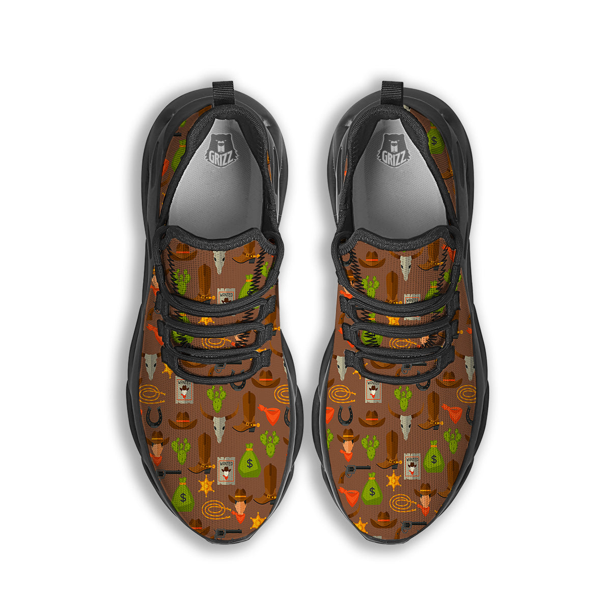 Wild West And Emoji Cowboy Style Print Pattern Black Running Shoes-grizzshop