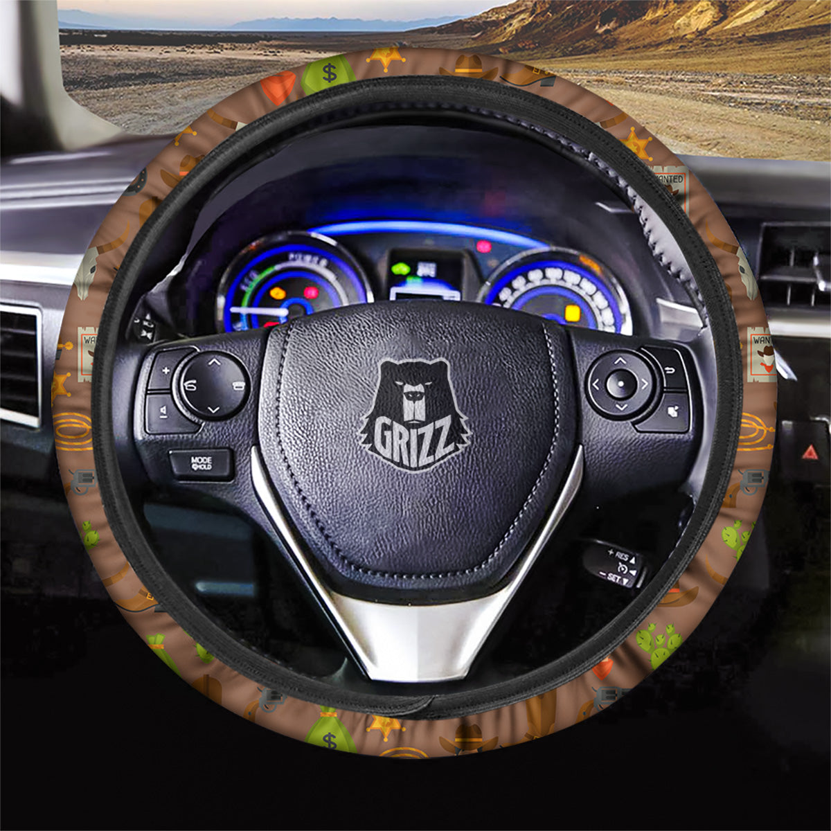 Wild West And Emoji Cowboy Style Print Pattern Car Steering Wheel Cover-grizzshop