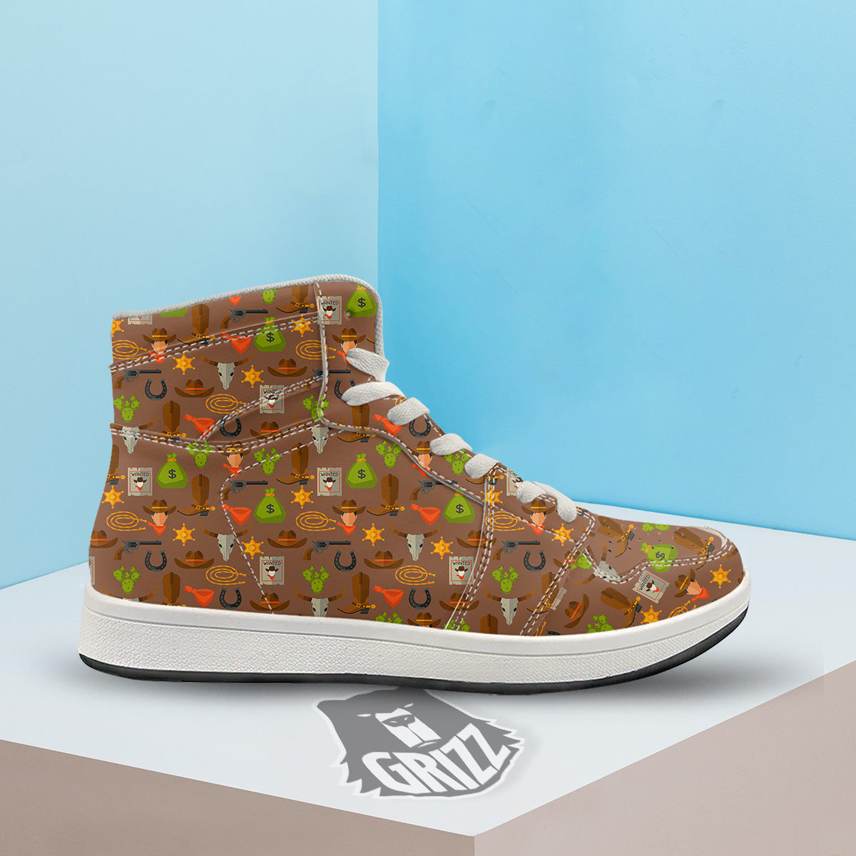 Wild West And Emoji Cowboy Style Print Pattern High Top Sneakers-grizzshop