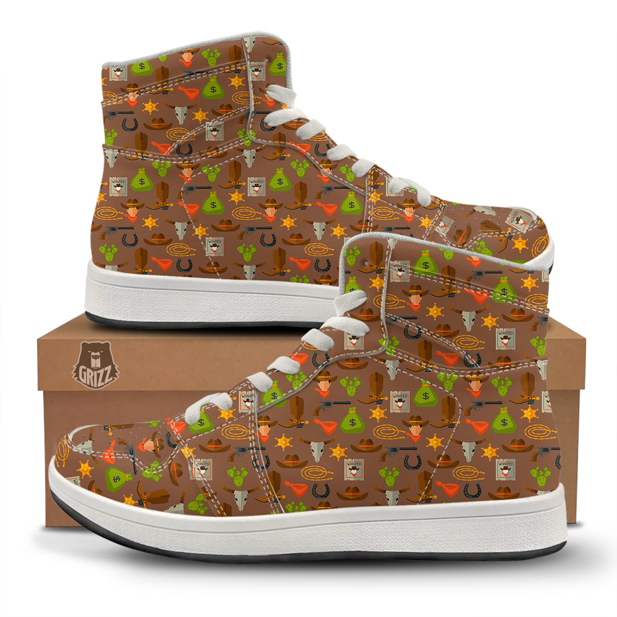 Wild West And Emoji Cowboy Style Print Pattern High Top Sneakers-grizzshop