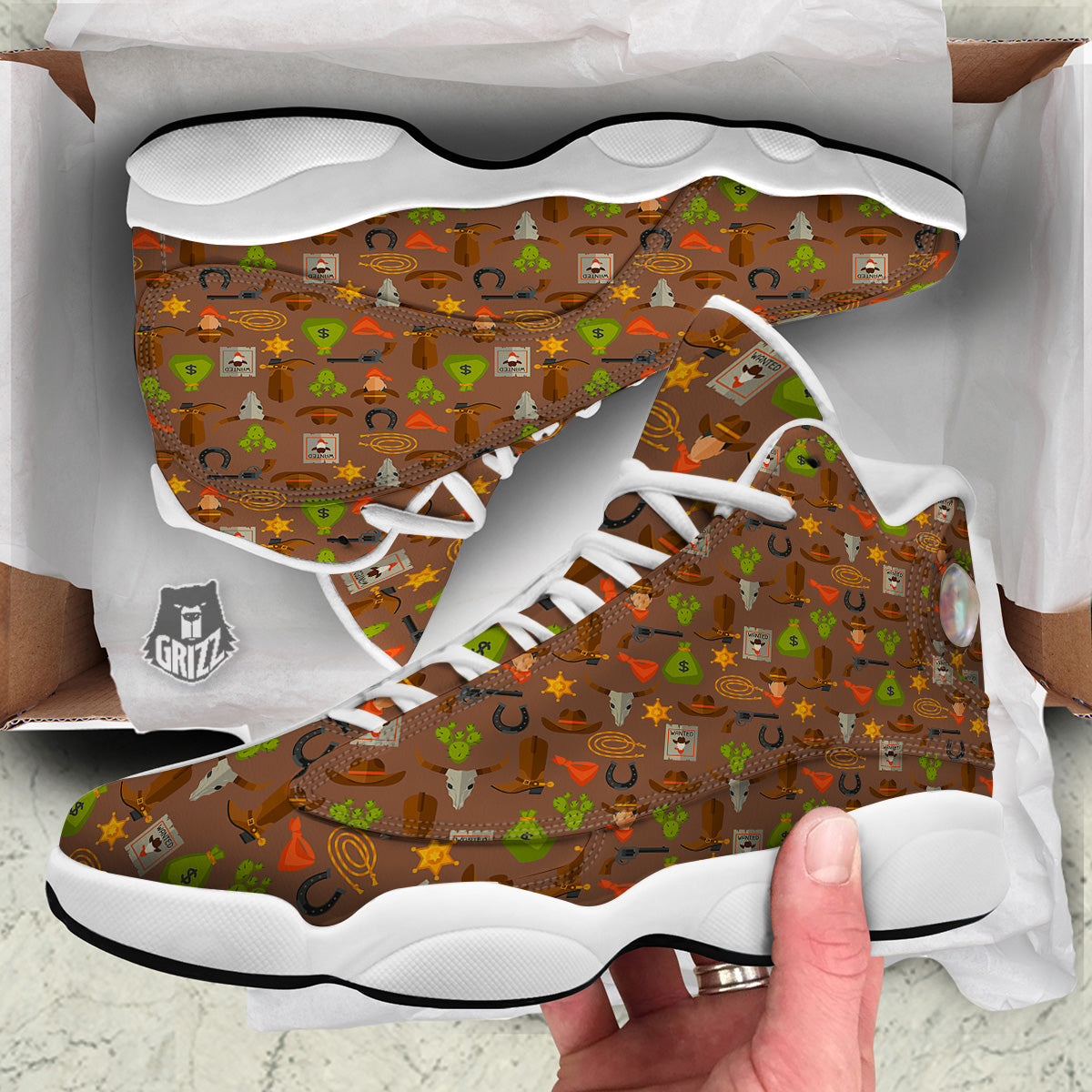 Wild West And Emoji Cowboy Style Print Pattern White Basketball Shoes-grizzshop