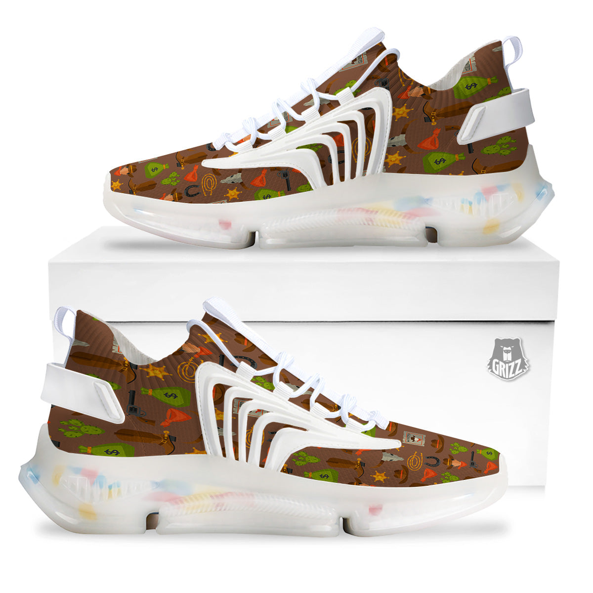 Wild West And Emoji Cowboy Style Print Pattern White Gym Shoes-grizzshop