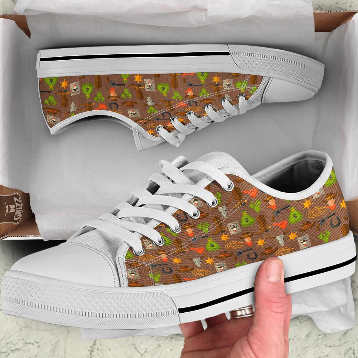 Wild West And Emoji Cowboy Style Print Pattern White Low Top Shoes-grizzshop