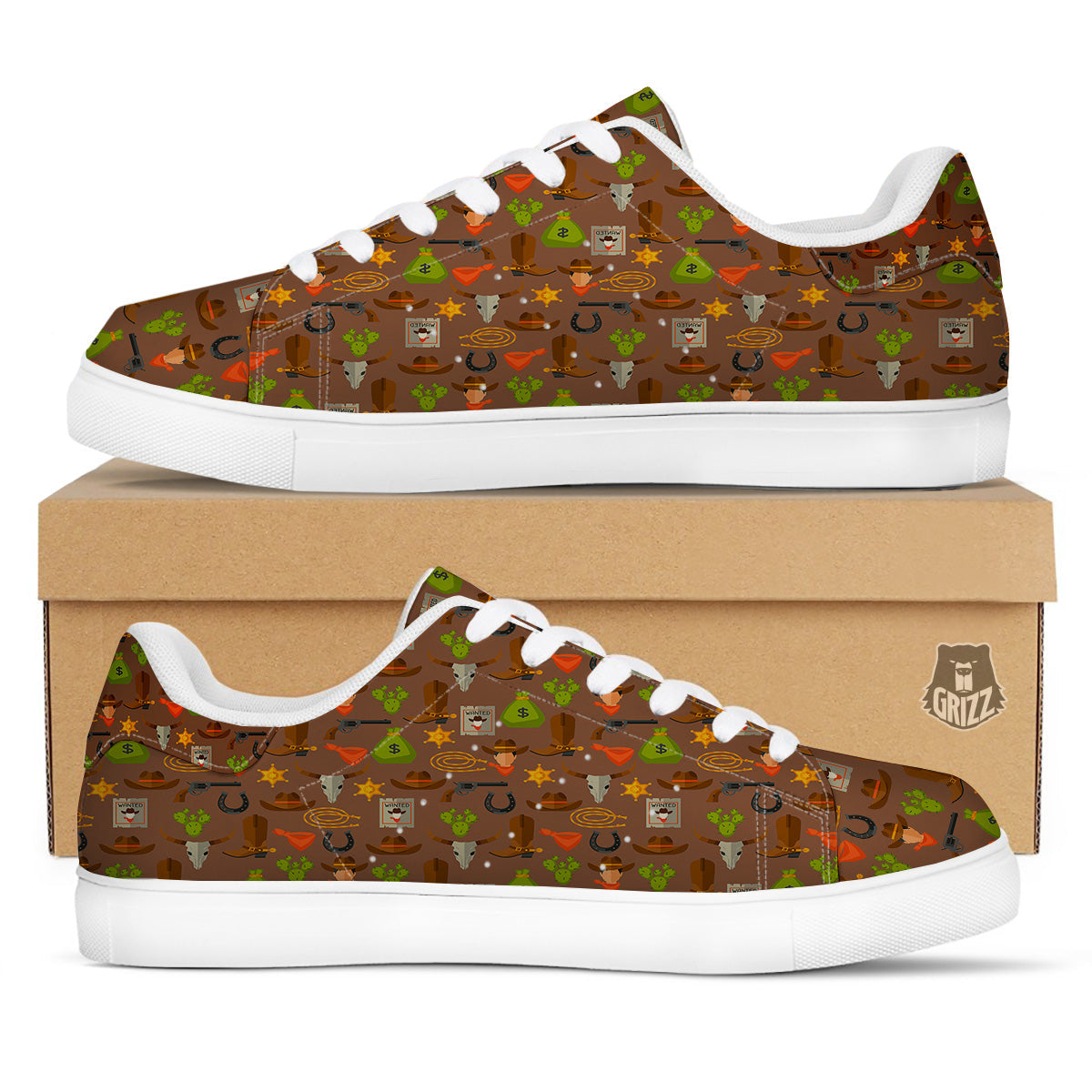 Wild West And Emoji Cowboy Style Print Pattern White Low Top Sneakers-grizzshop