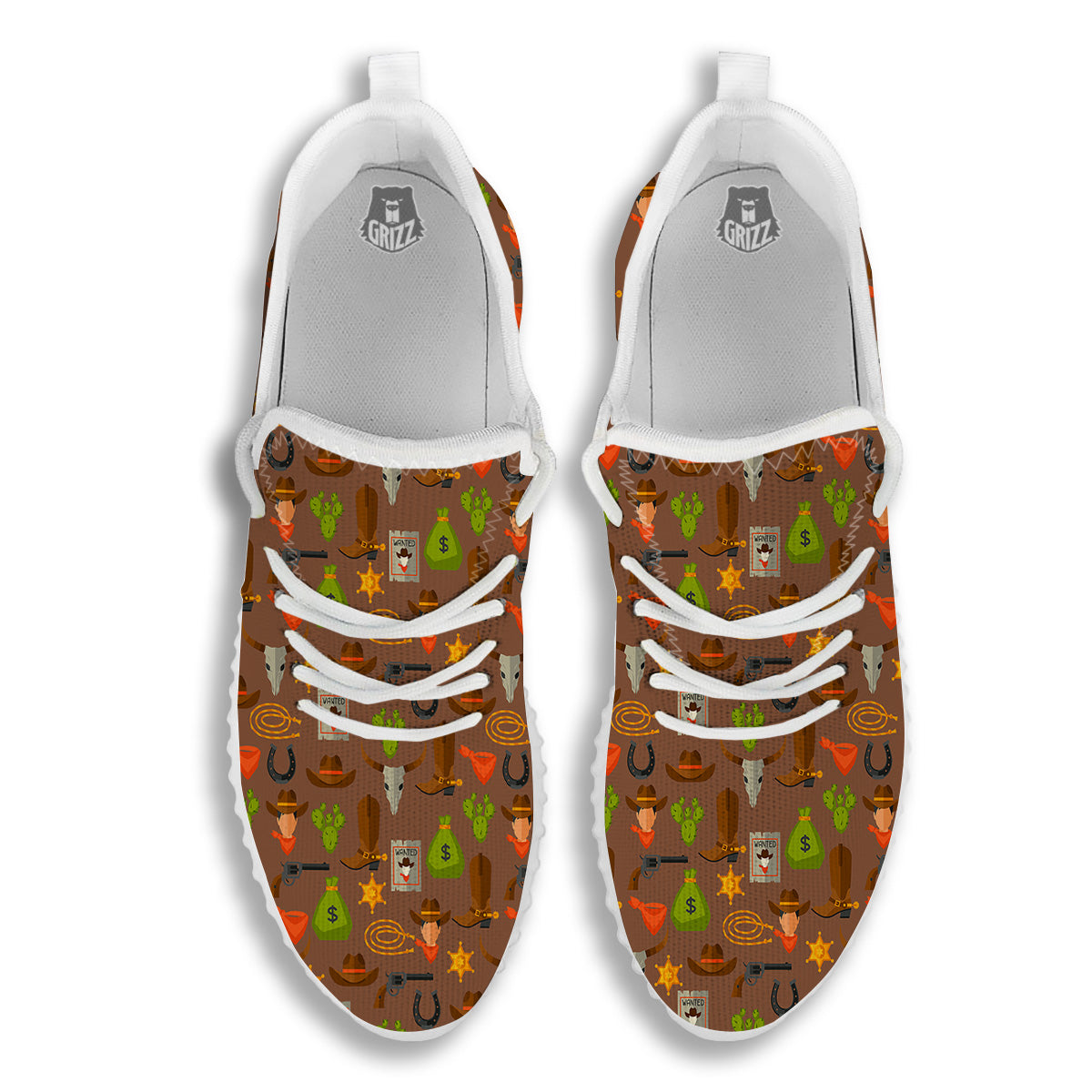 Wild West And Emoji Cowboy Style Print Pattern White Walking Shoes-grizzshop