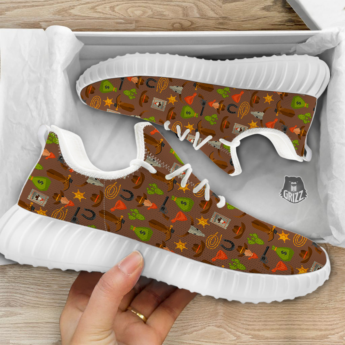 Wild West And Emoji Cowboy Style Print Pattern White Walking Shoes-grizzshop