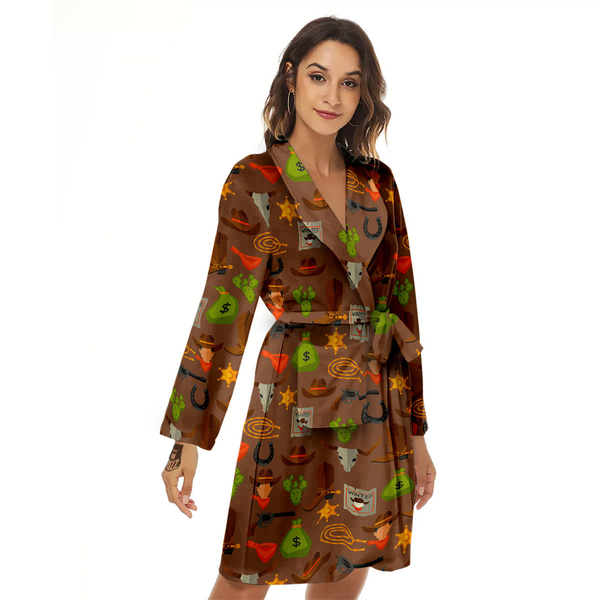 Wild West And Emoji Cowboy Style Print Pattern Women's Robe-grizzshop