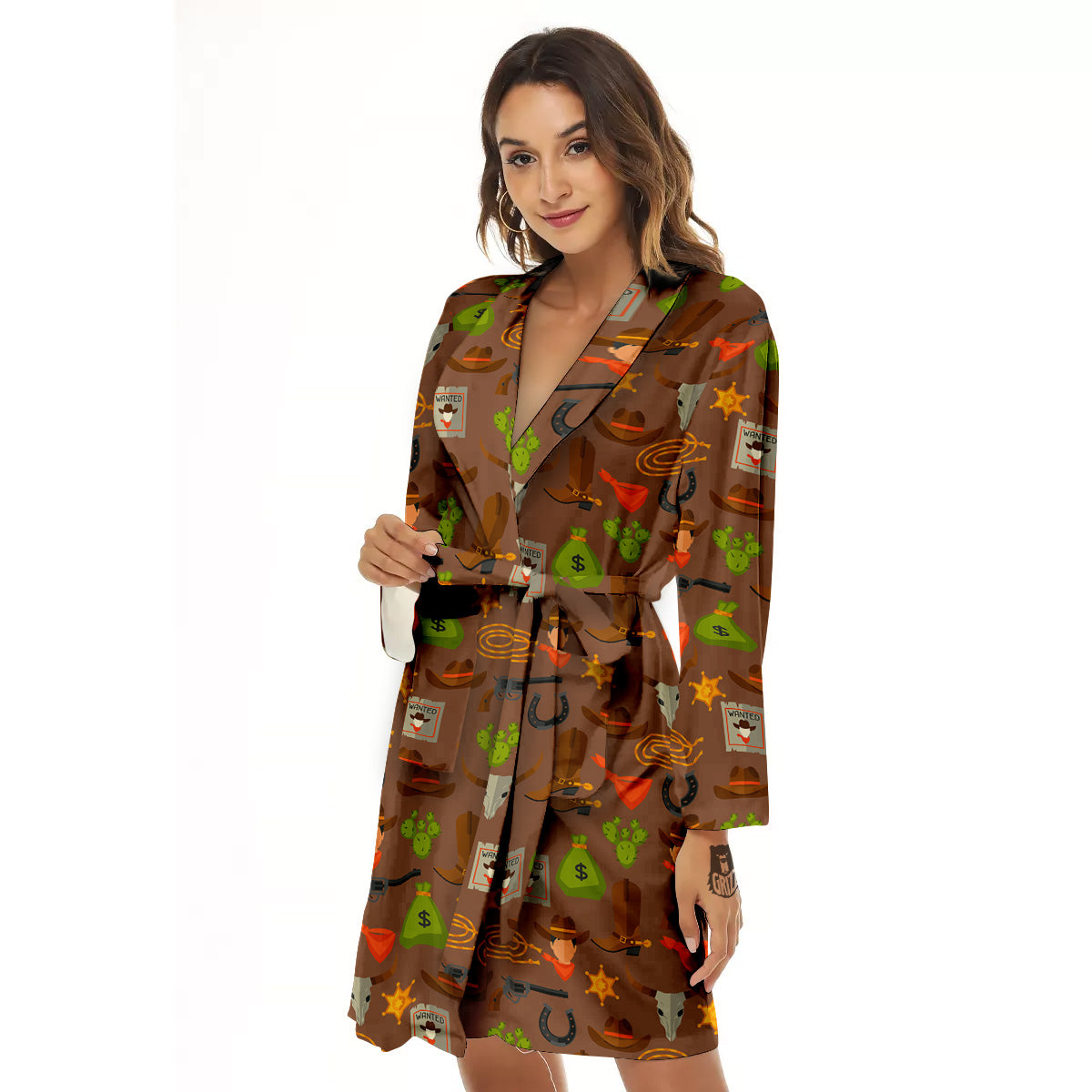Wild West And Emoji Cowboy Style Print Pattern Women's Robe-grizzshop