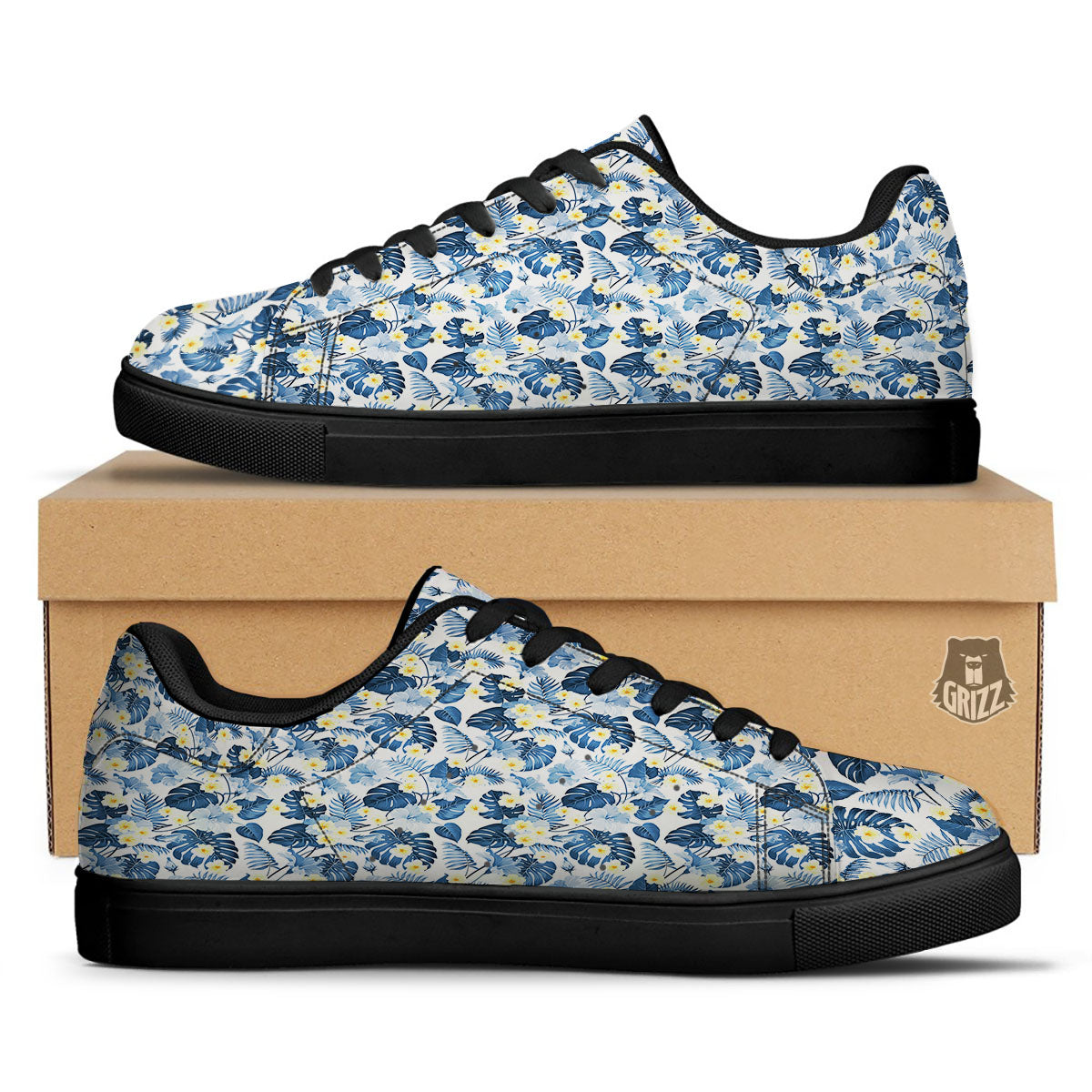 Wildflowers Blue Hawaiian Print Pattern Black Low Top Sneakers-grizzshop