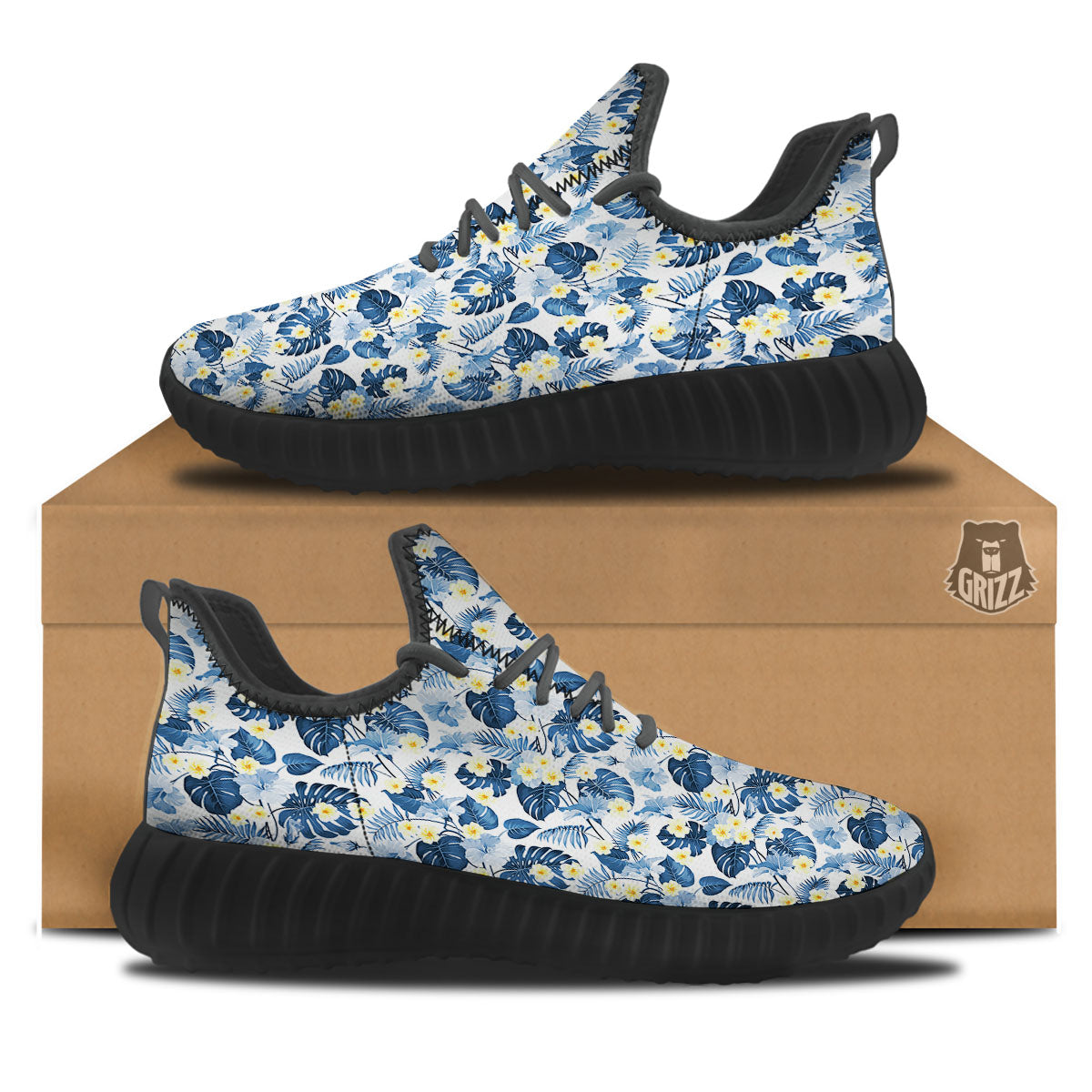 Wildflowers Blue Hawaiian Print Pattern Black Walking Shoes-grizzshop