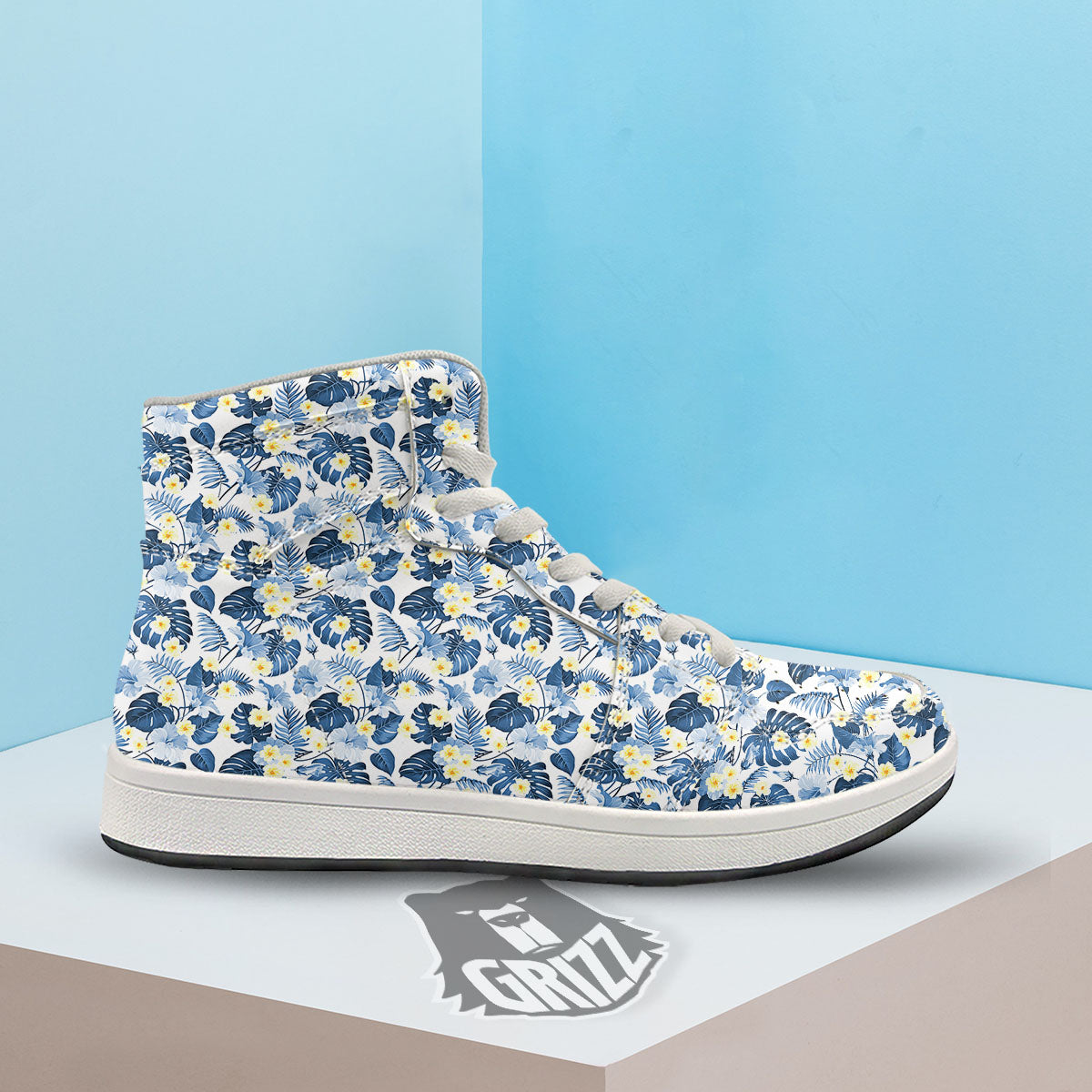 Wildflowers Blue Hawaiian Print Pattern High Top Sneakers-grizzshop