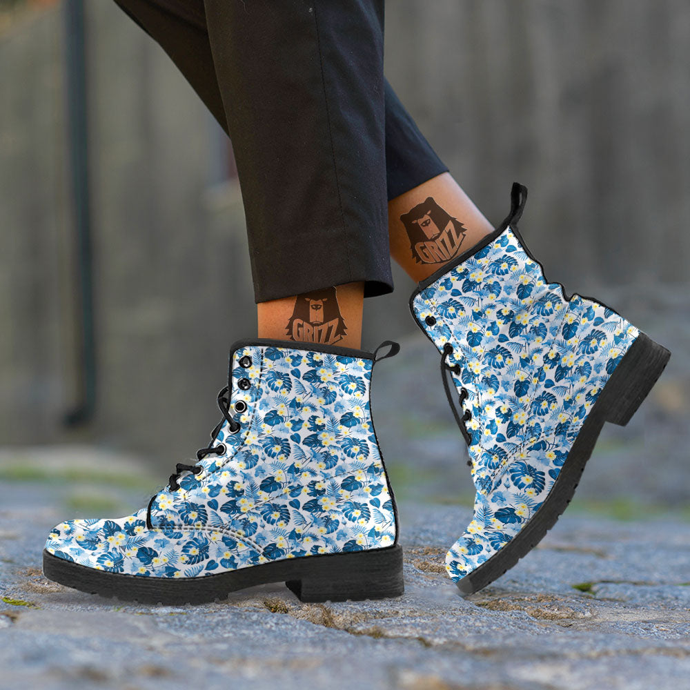 Wildflowers Blue Hawaiian Print Pattern Leather Boots-grizzshop