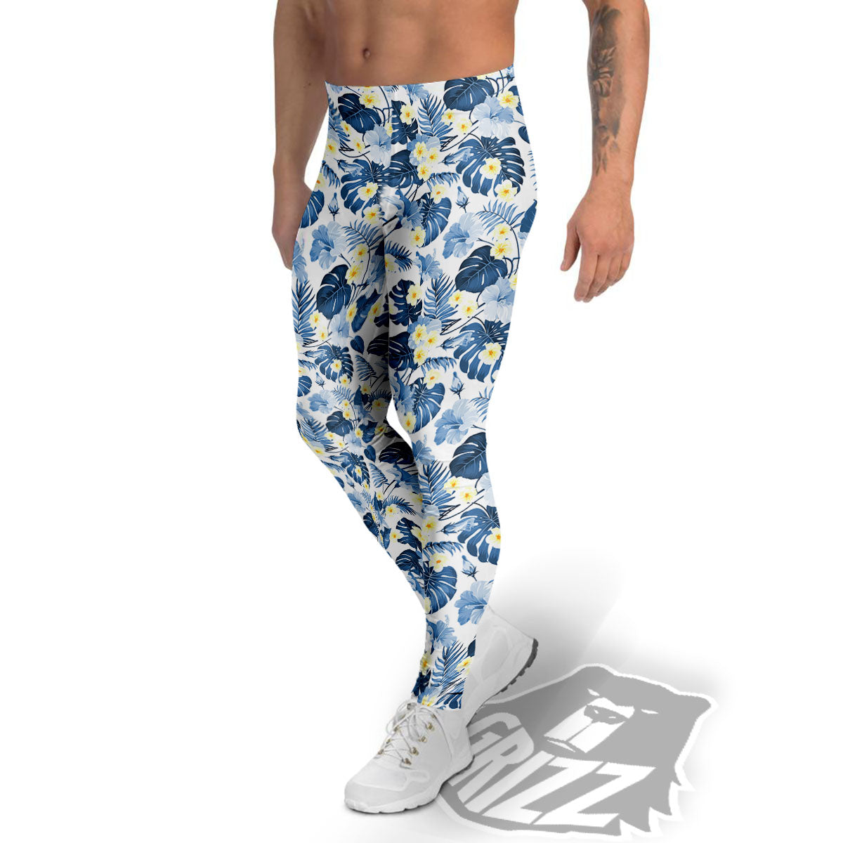 Wildflowers Blue Hawaiian Print Pattern Men's Leggings-grizzshop