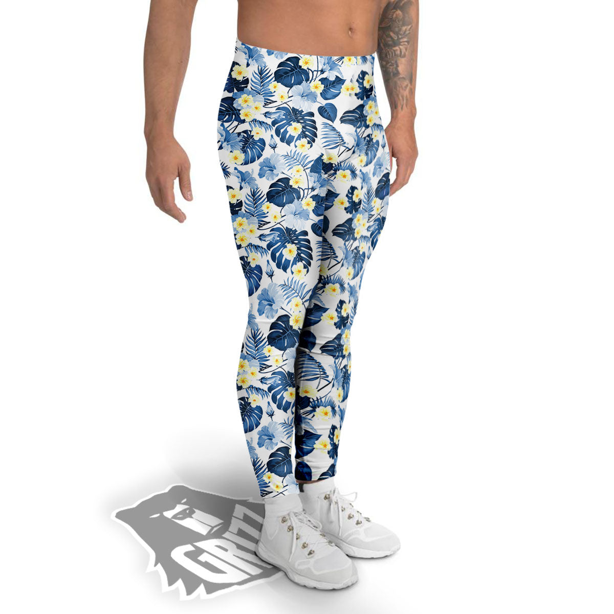 Wildflowers Blue Hawaiian Print Pattern Men's Leggings-grizzshop