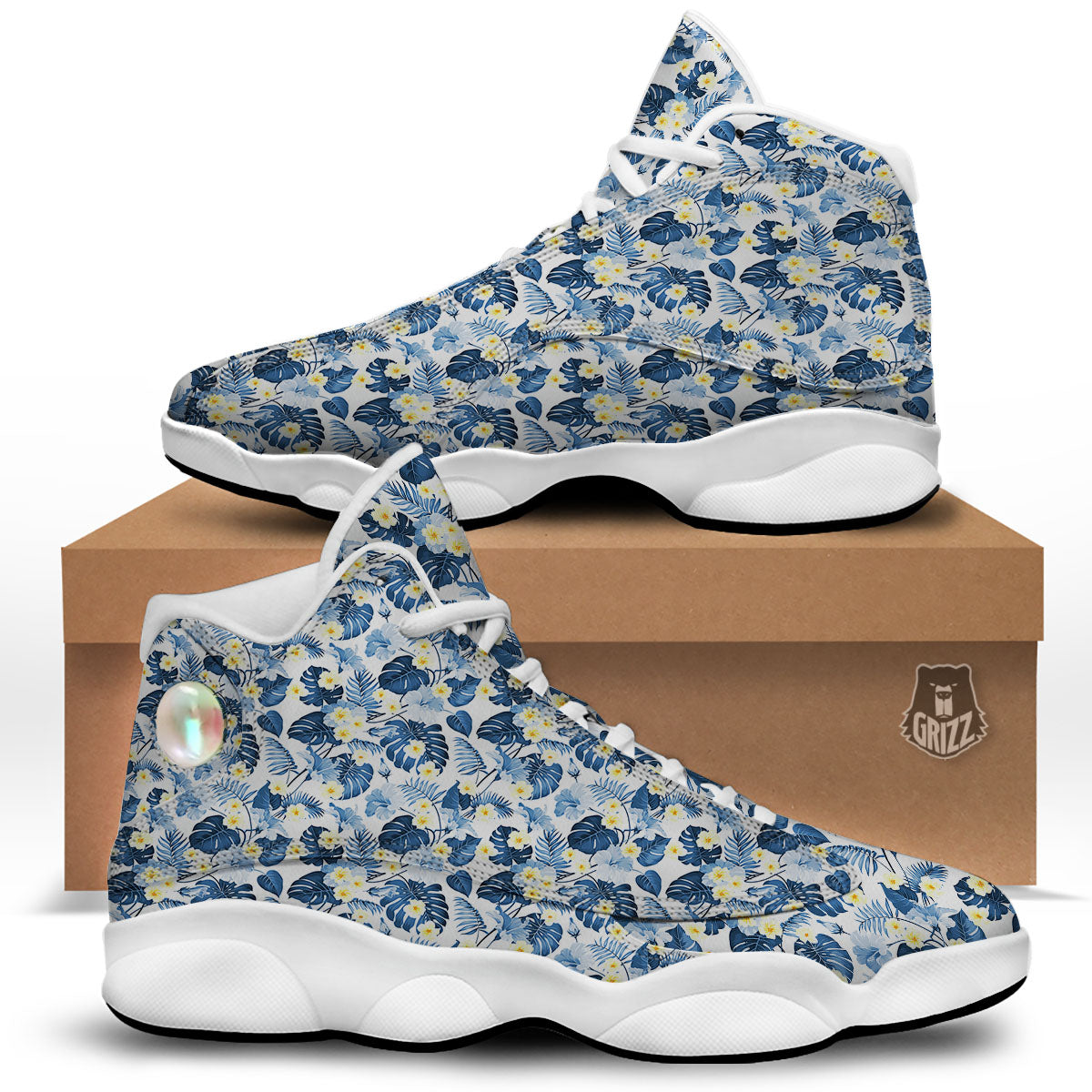 Wildflowers Blue Hawaiian Print Pattern White Basketball Shoes-grizzshop