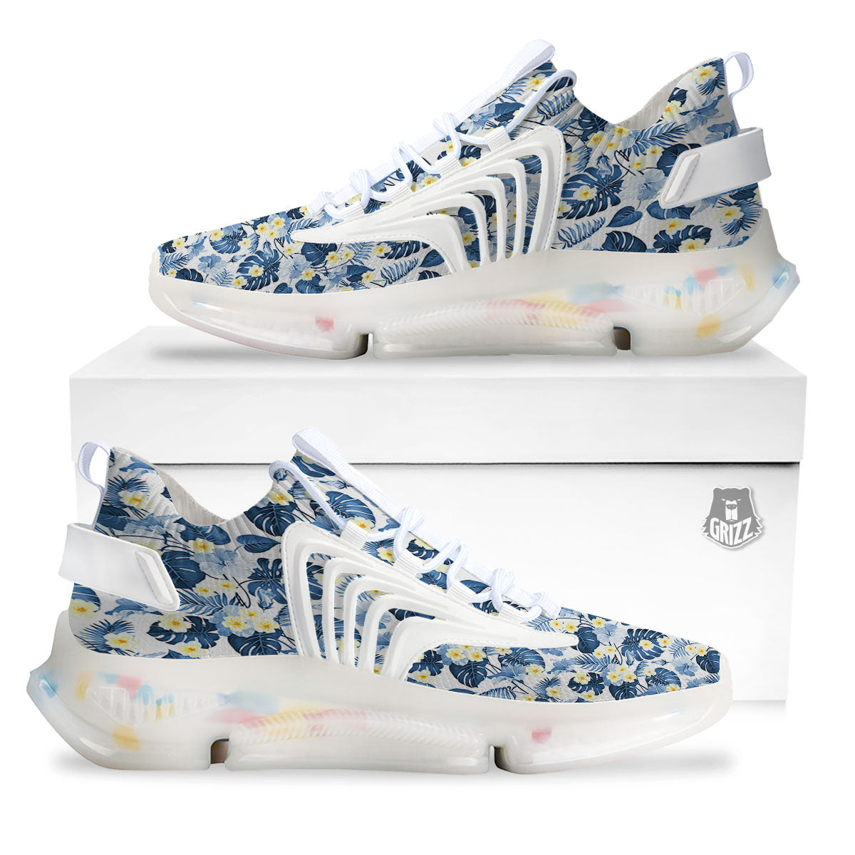 Wildflowers Blue Hawaiian Print Pattern White Gym Shoes-grizzshop