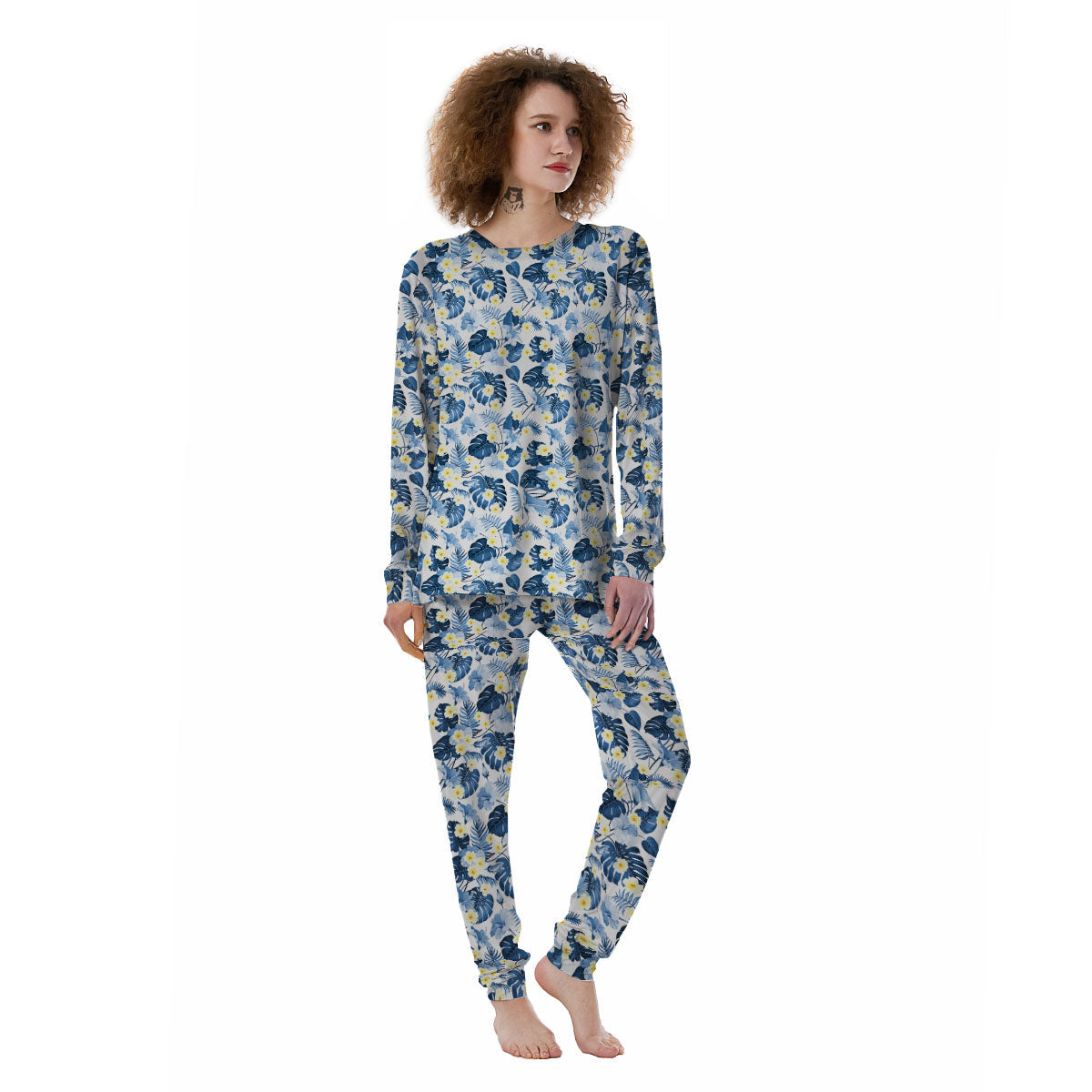 Wildflowers Blue Hawaiian Print Pattern Women's Pajamas-grizzshop
