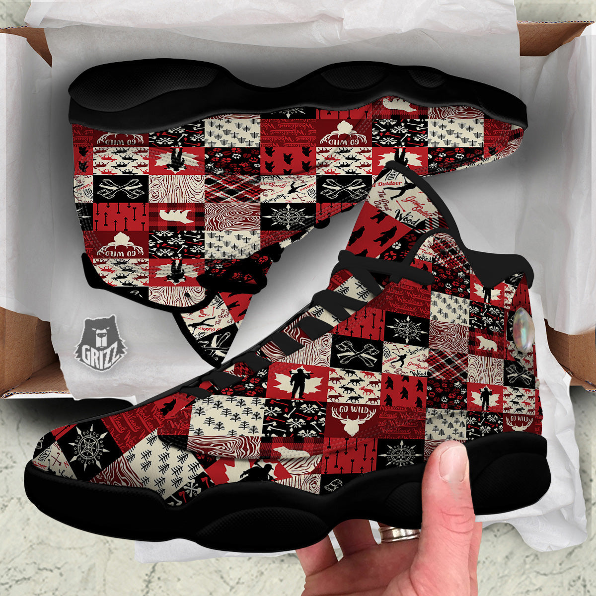Wildlife Red Plaid Print Pattern Black Basketball Shoes-grizzshop