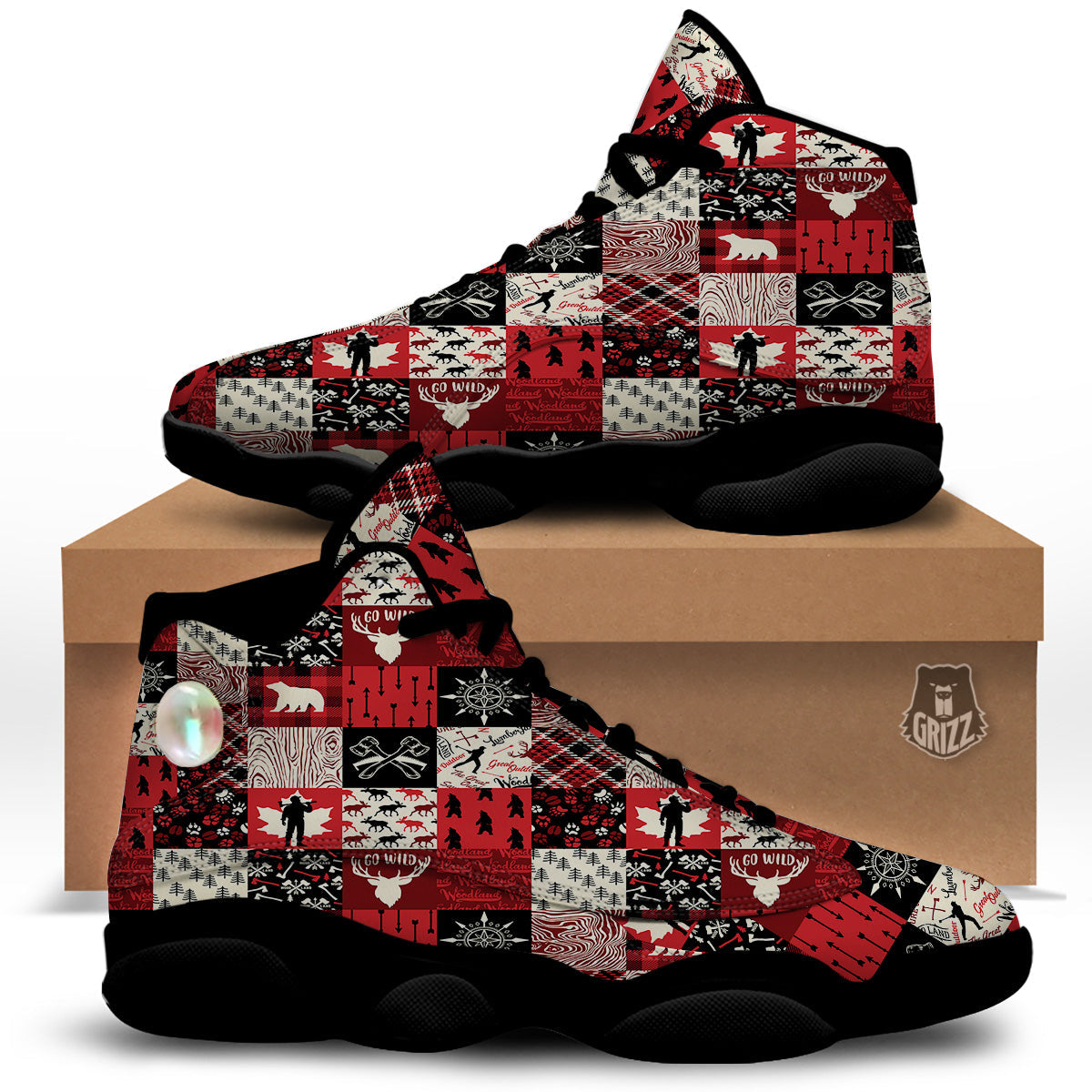 Wildlife Red Plaid Print Pattern Black Basketball Shoes-grizzshop