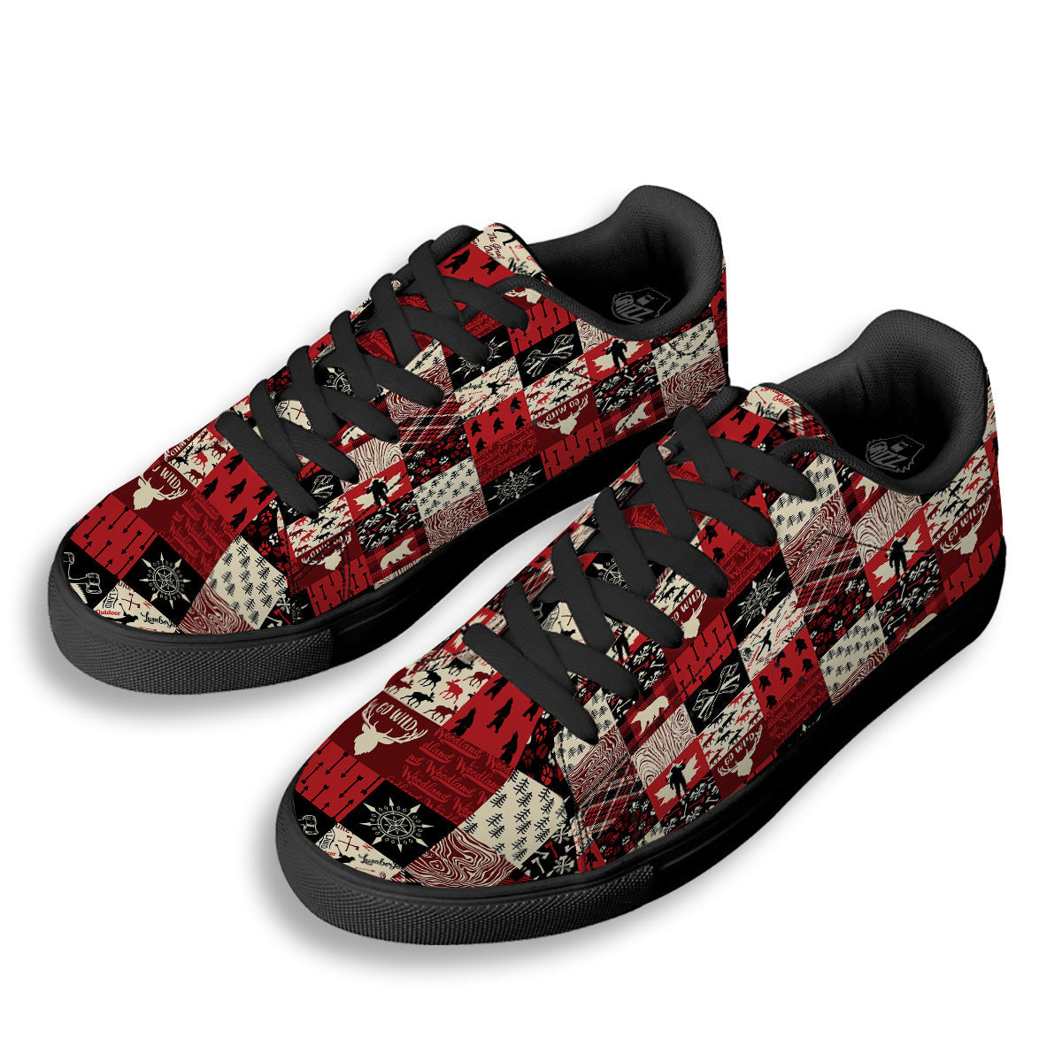 Wildlife Red Plaid Print Pattern Black Low Top Sneakers-grizzshop