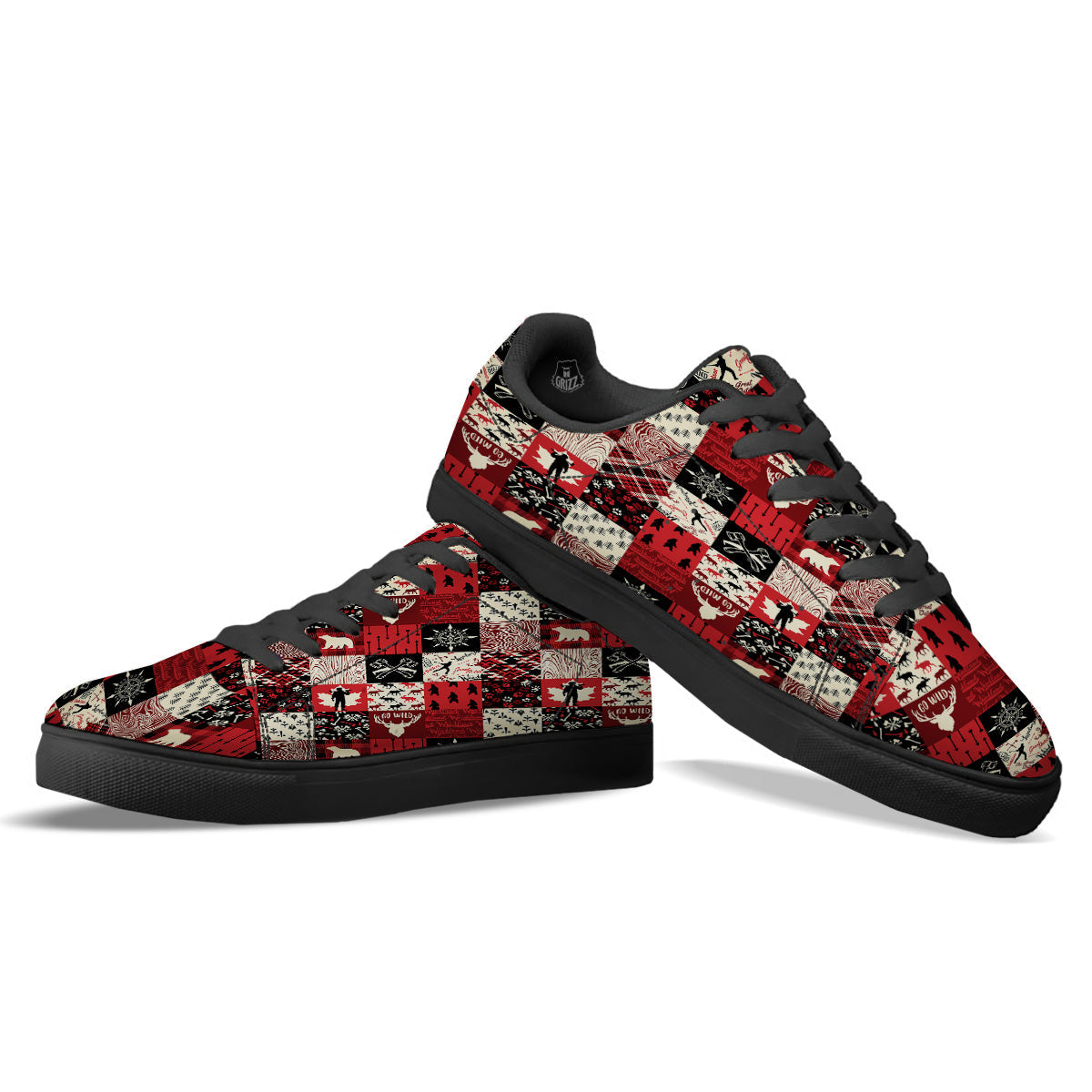Wildlife Red Plaid Print Pattern Black Low Top Sneakers-grizzshop