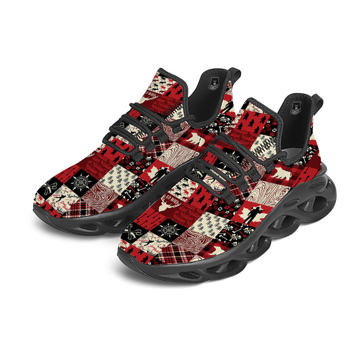 Wildlife Red Plaid Print Pattern Black Running Shoes-grizzshop