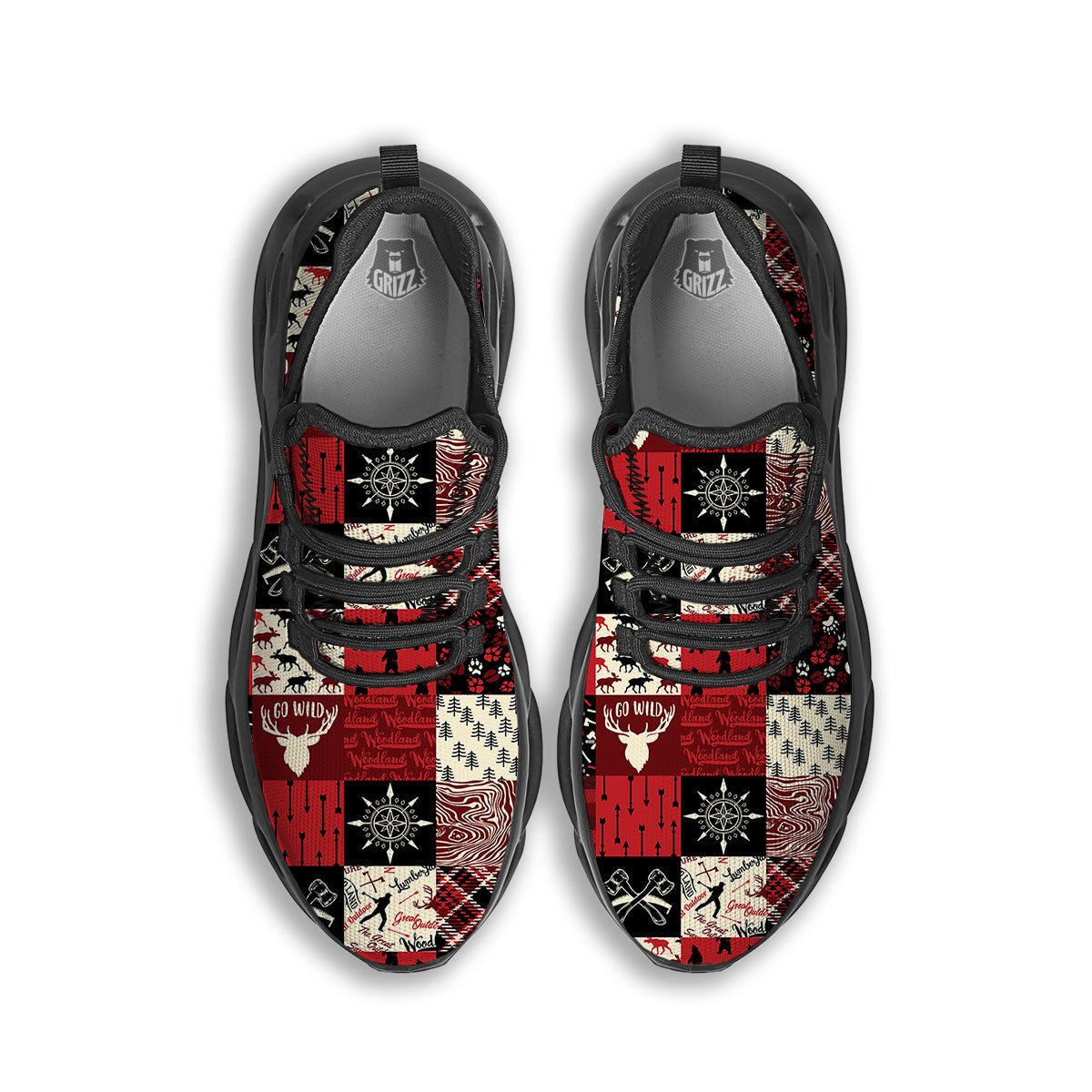 Wildlife Red Plaid Print Pattern Black Running Shoes-grizzshop