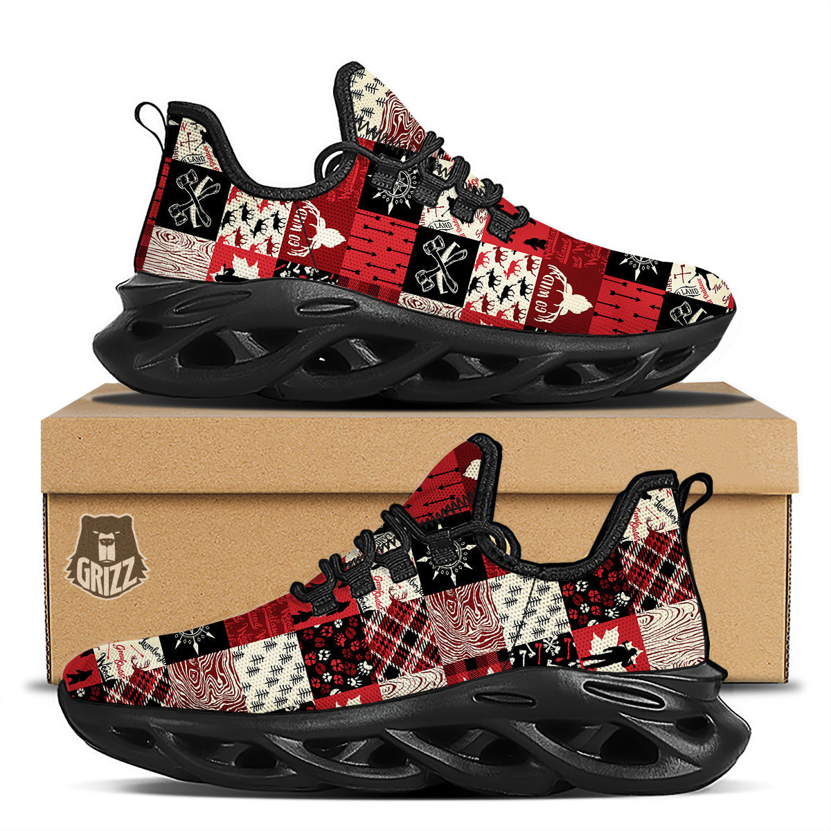 Wildlife Red Plaid Print Pattern Black Running Shoes-grizzshop