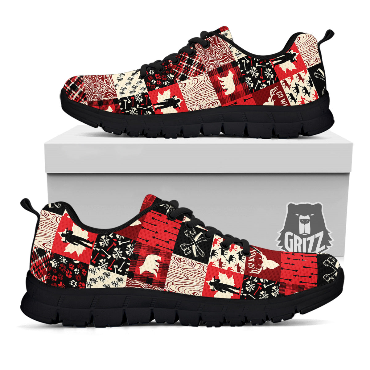 Wildlife Red Plaid Print Pattern Black Sneaker-grizzshop