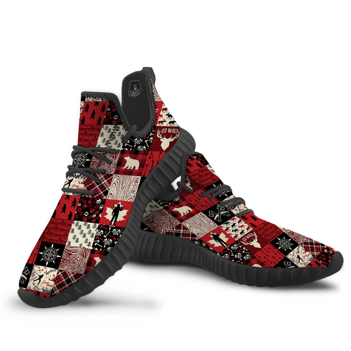 Wildlife Red Plaid Print Pattern Black Walking Shoes-grizzshop