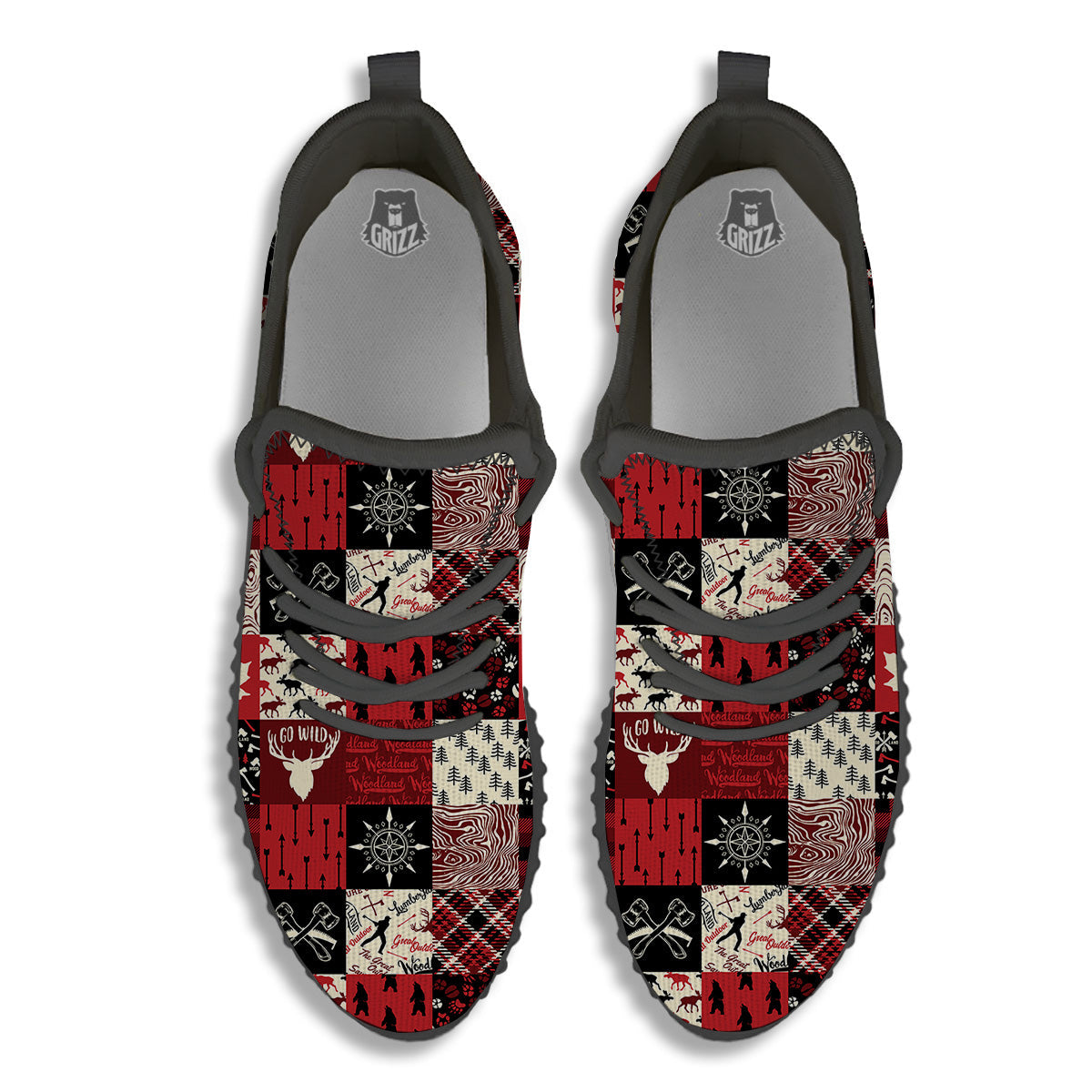 Wildlife Red Plaid Print Pattern Black Walking Shoes-grizzshop