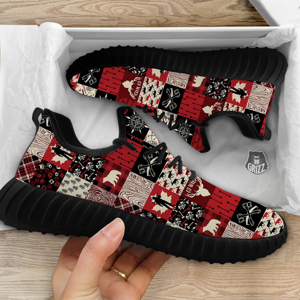 Wildlife Red Plaid Print Pattern Black Walking Shoes-grizzshop