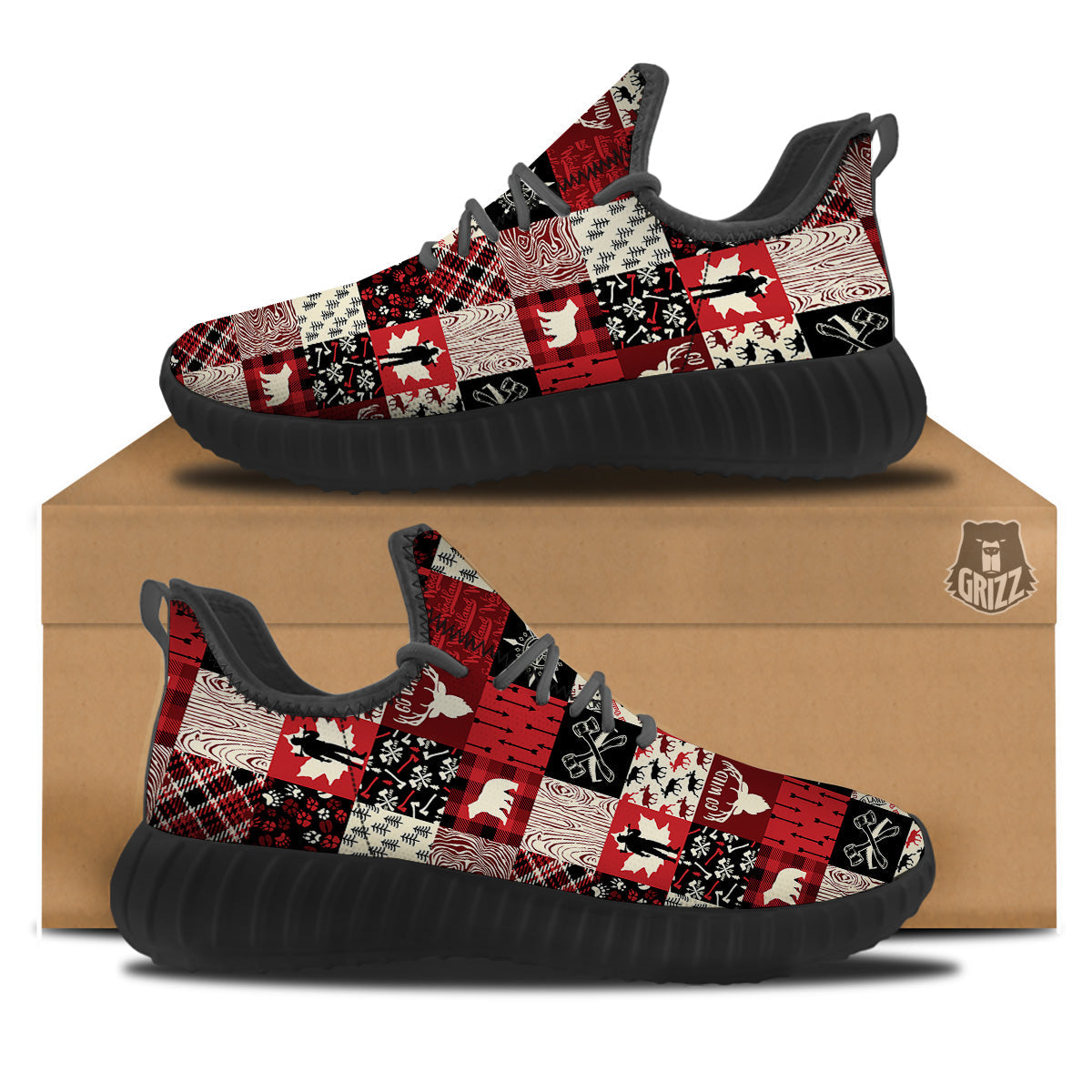 Wildlife Red Plaid Print Pattern Black Walking Shoes-grizzshop