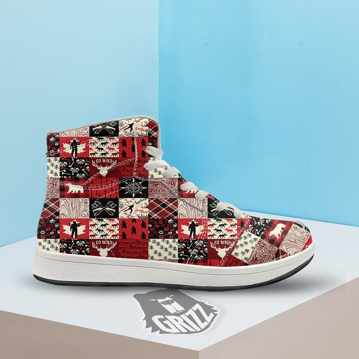 Wildlife Red Plaid Print Pattern High Top Sneakers-grizzshop