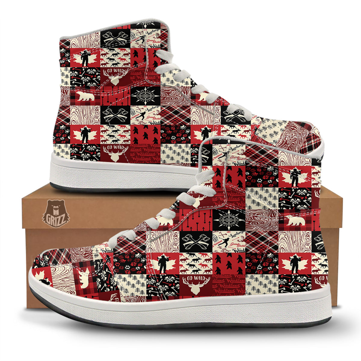Wildlife Red Plaid Print Pattern High Top Sneakers-grizzshop