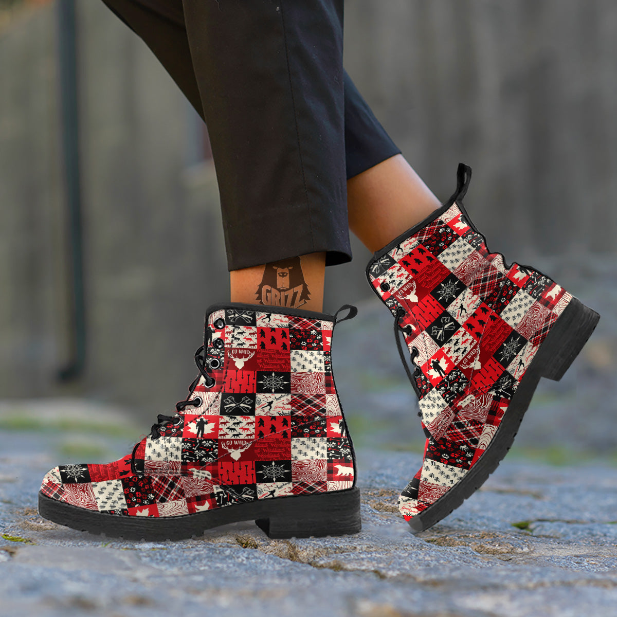 Wildlife Red Plaid Print Pattern Leather Boots-grizzshop