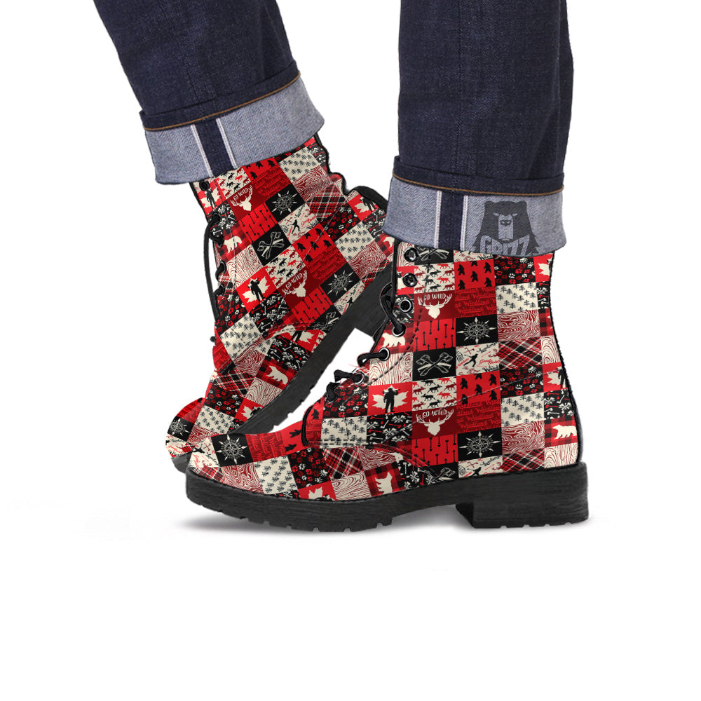 Wildlife Red Plaid Print Pattern Leather Boots-grizzshop