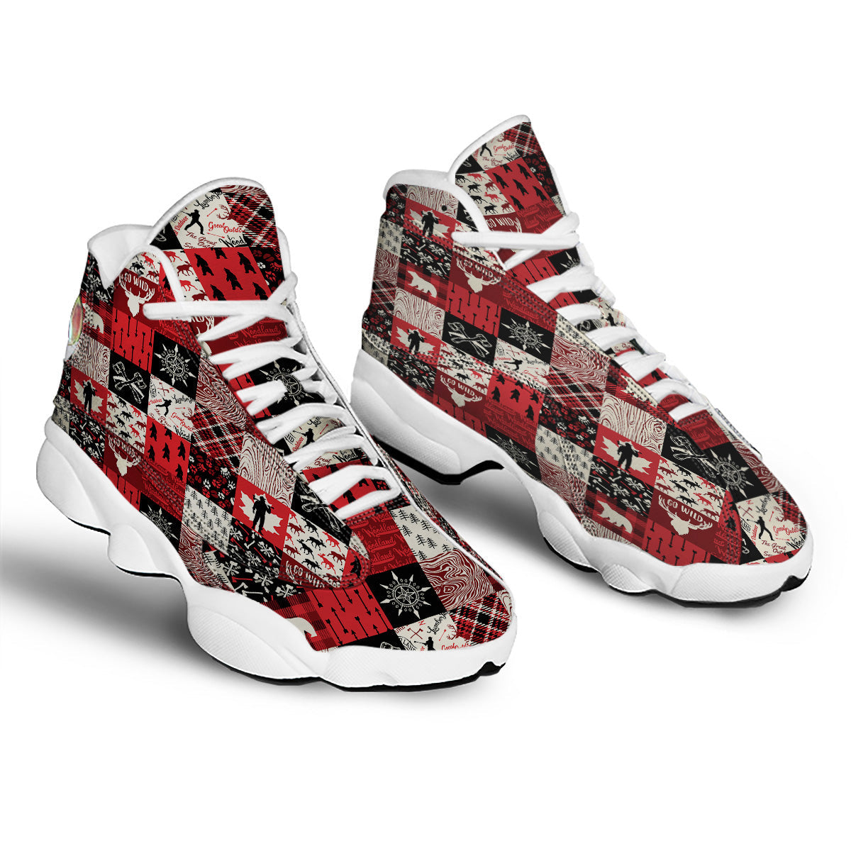 Wildlife Red Plaid Print Pattern White Basketball Shoes-grizzshop