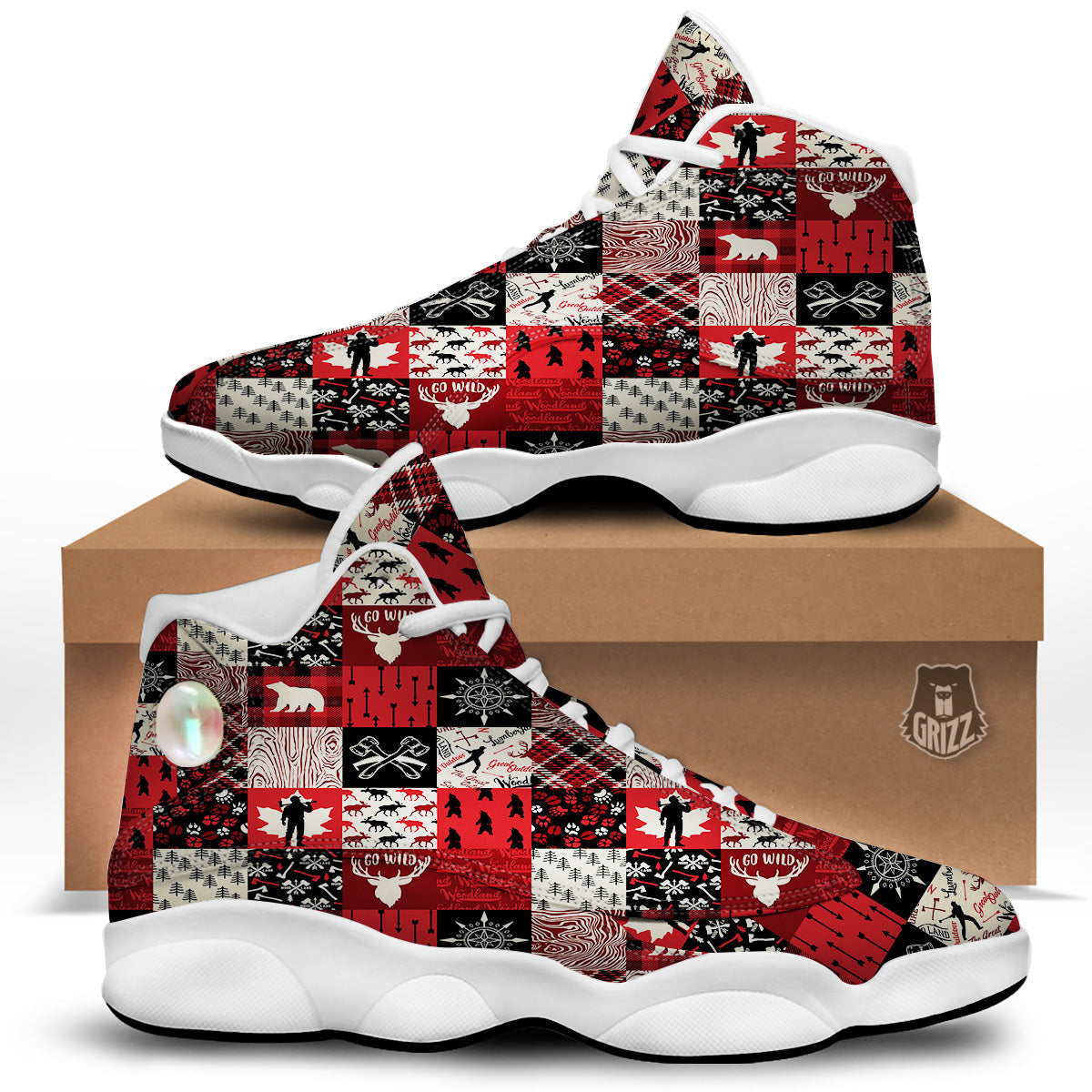 Wildlife Red Plaid Print Pattern White Basketball Shoes-grizzshop