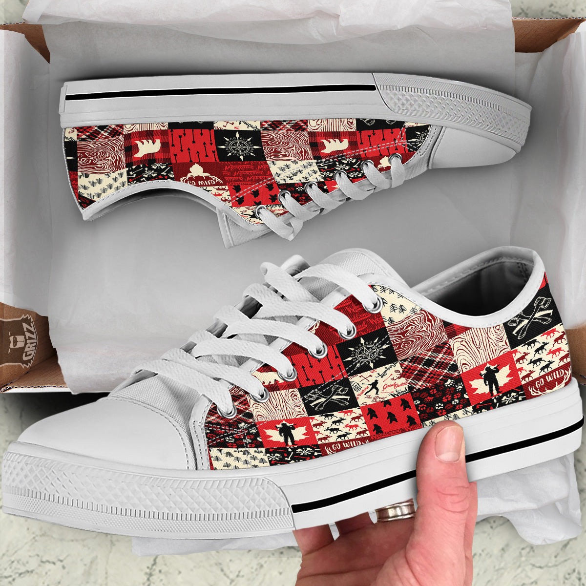 Wildlife Red Plaid Print Pattern White Low Top Shoes-grizzshop