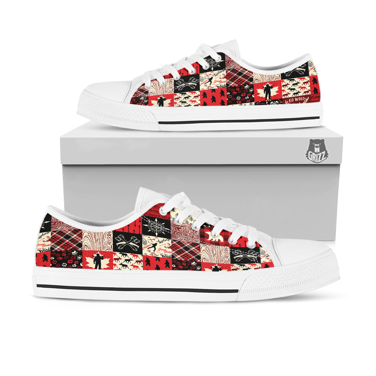 Wildlife Red Plaid Print Pattern White Low Top Shoes-grizzshop