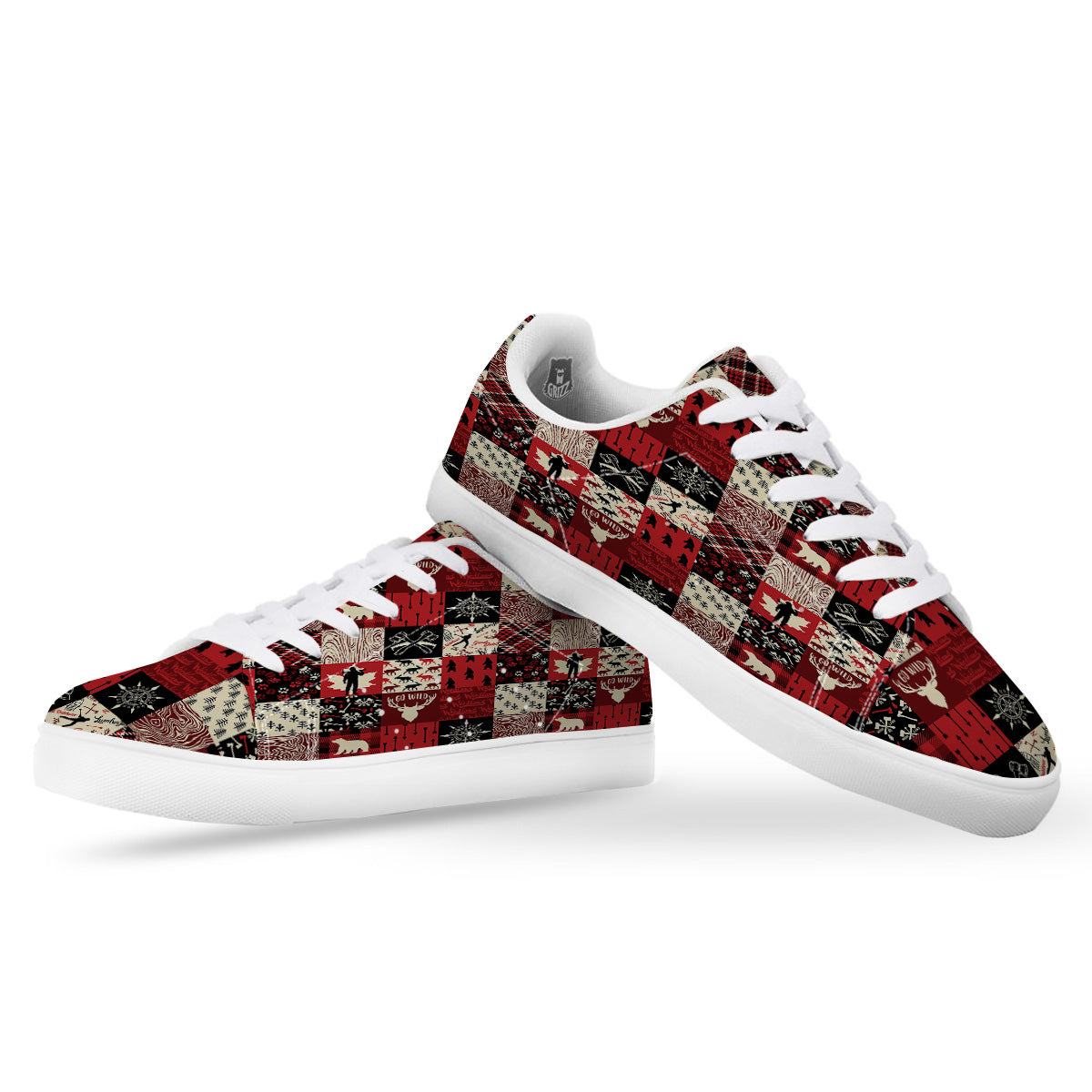 Wildlife Red Plaid Print Pattern White Low Top Sneakers-grizzshop