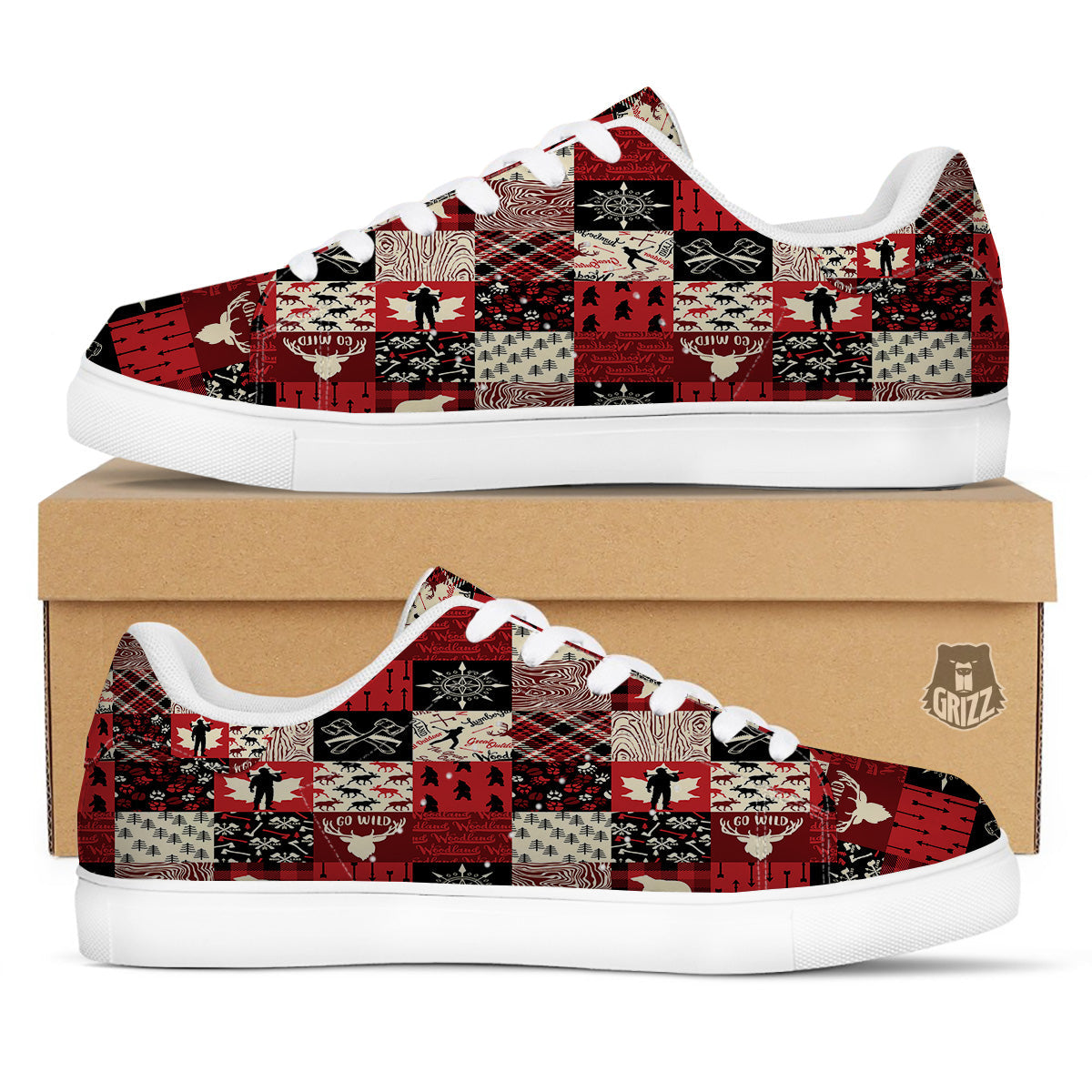 Wildlife Red Plaid Print Pattern White Low Top Sneakers-grizzshop