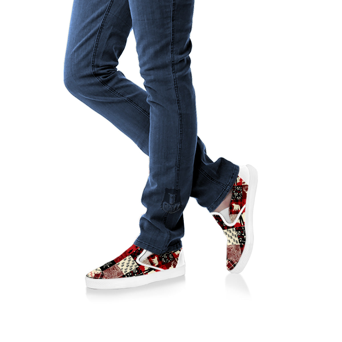 Wildlife Red Plaid Print Pattern White Slip On Shoes-grizzshop