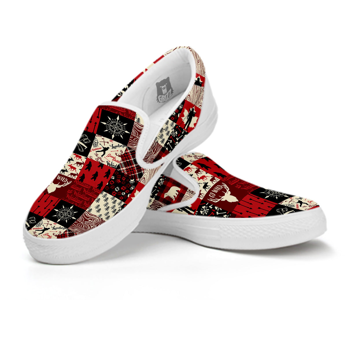 Wildlife Red Plaid Print Pattern White Slip On Shoes-grizzshop
