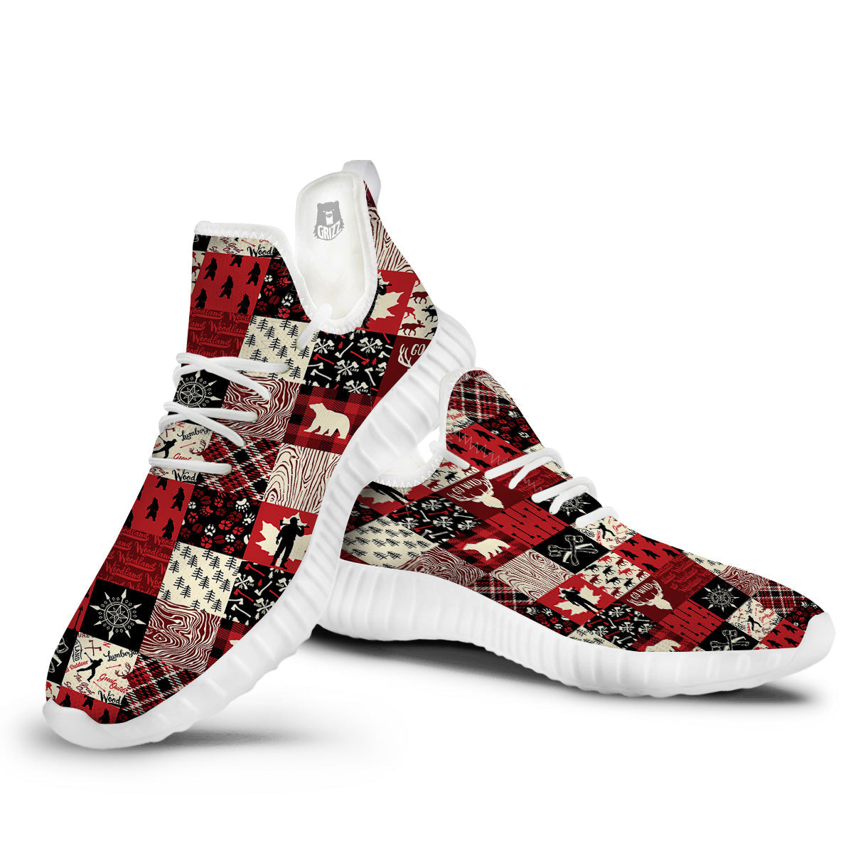 Wildlife Red Plaid Print Pattern White Walking Shoes-grizzshop