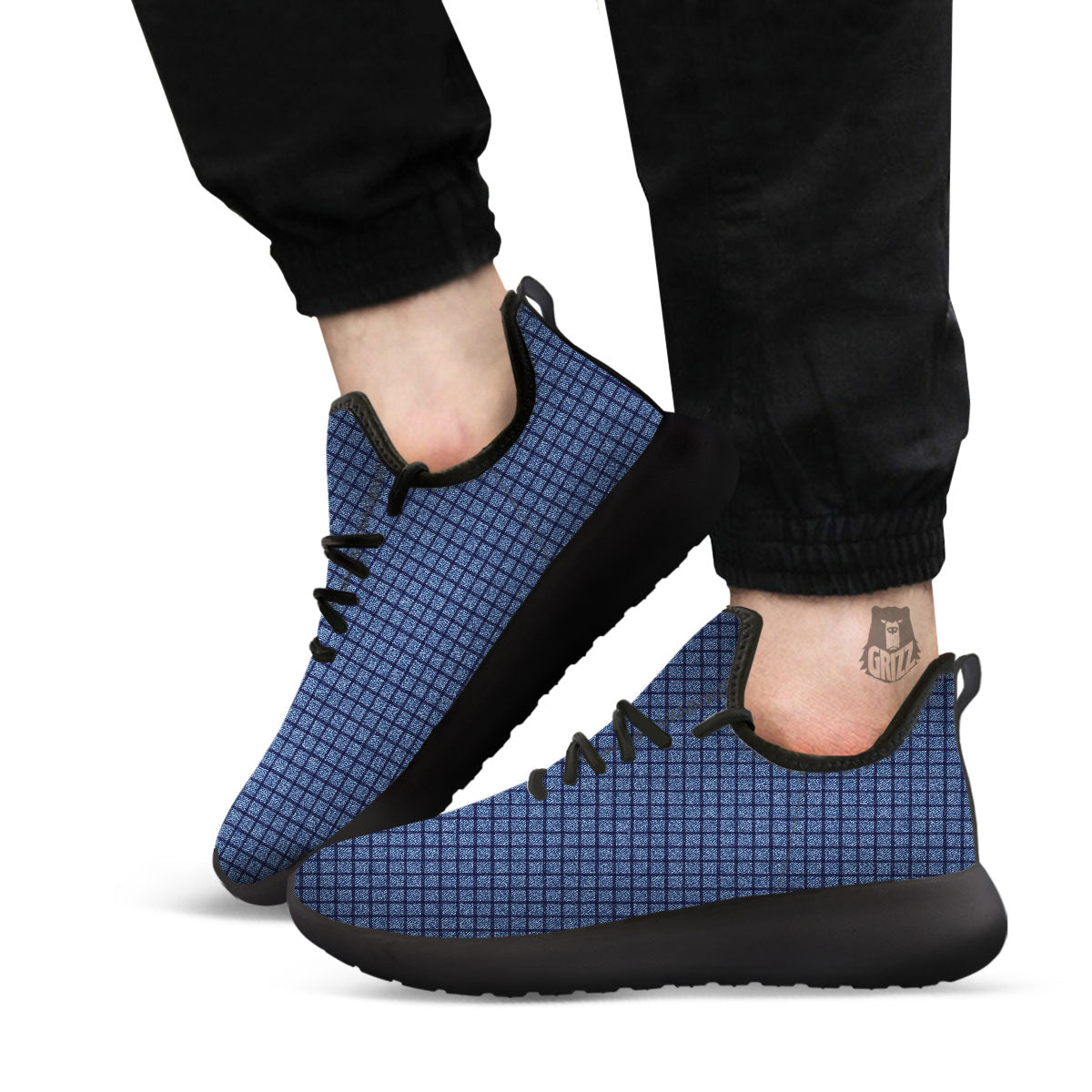 Windowpane Denim Print Pattern Black Athletic Shoes-grizzshop