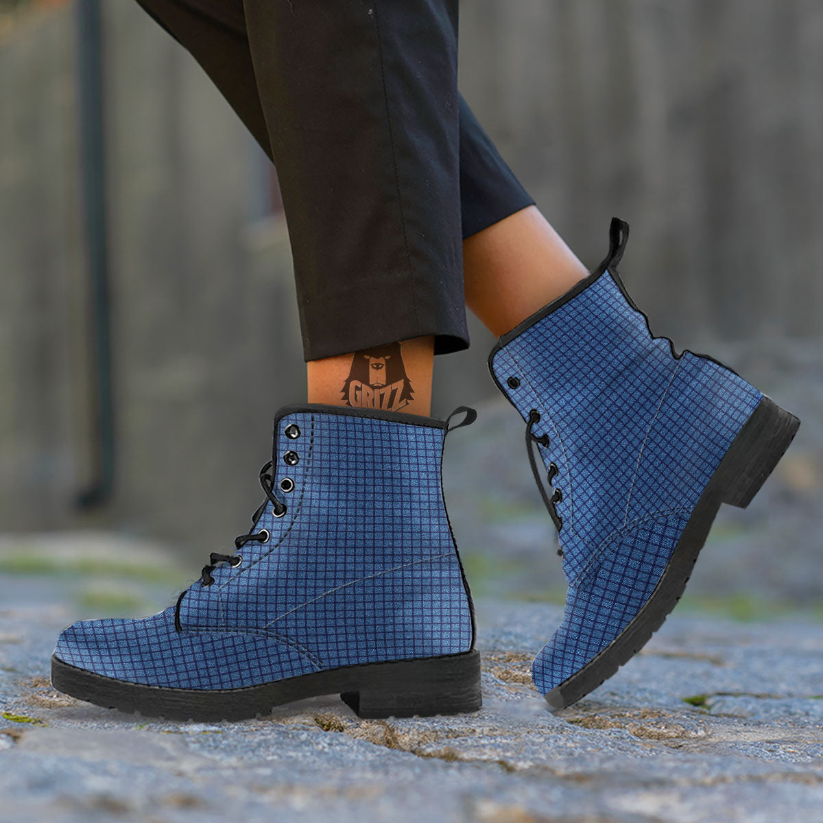 Windowpane Denim Print Pattern Leather Boots-grizzshop