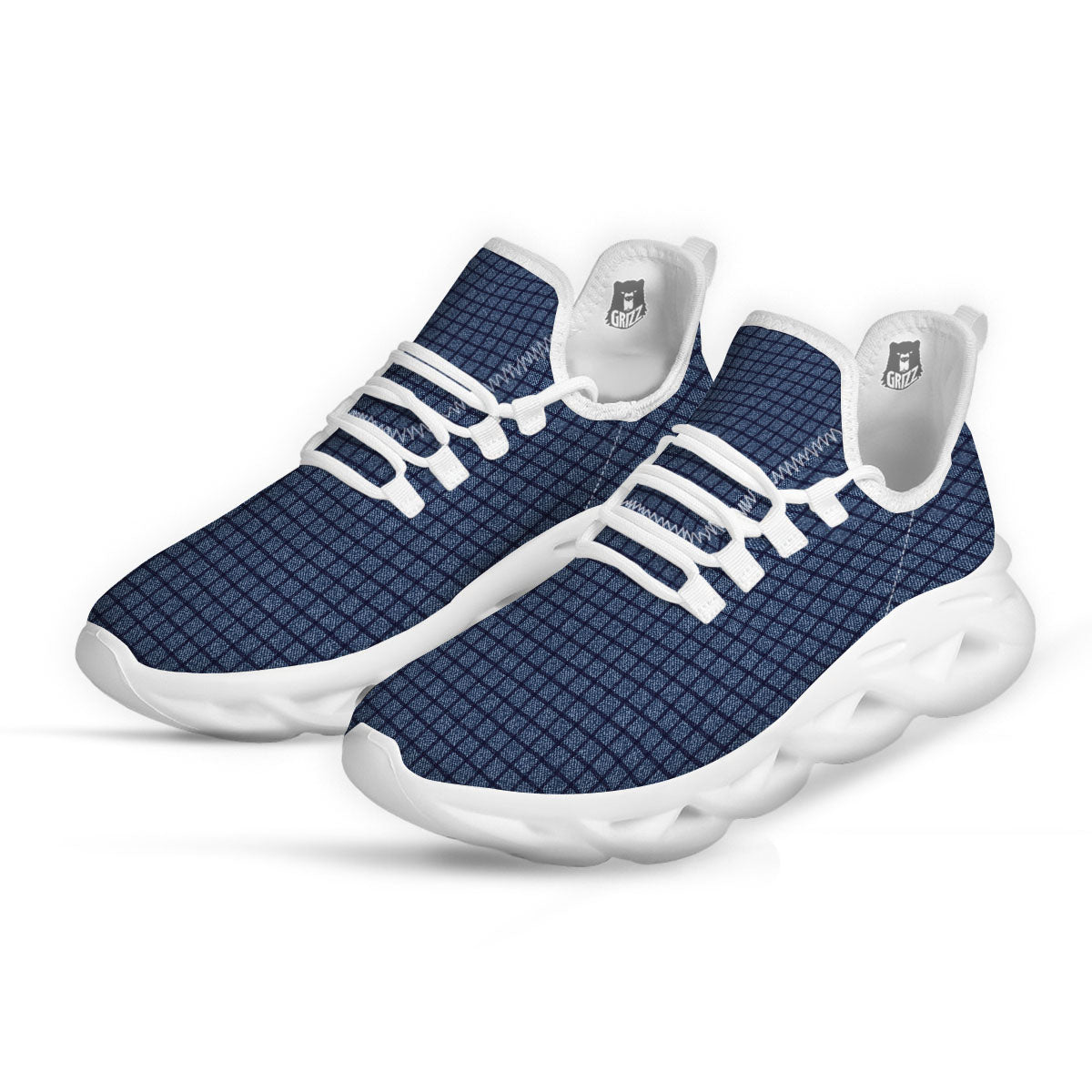 Windowpane Denim Print Pattern White Running Shoes-grizzshop